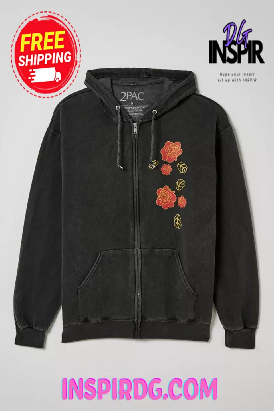 -Urban Outfitters Tupac Roses Washed Full Zip Hoodie Sweatshirt