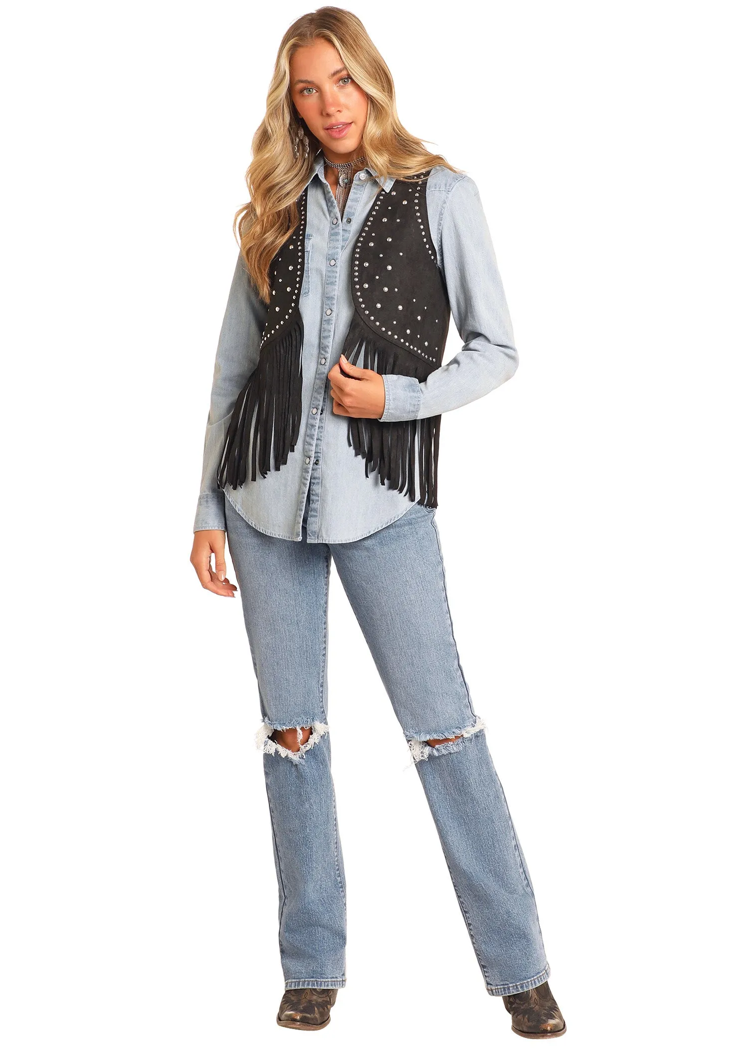 4549 Rock & Roll Ladies Studded Fringed Vest