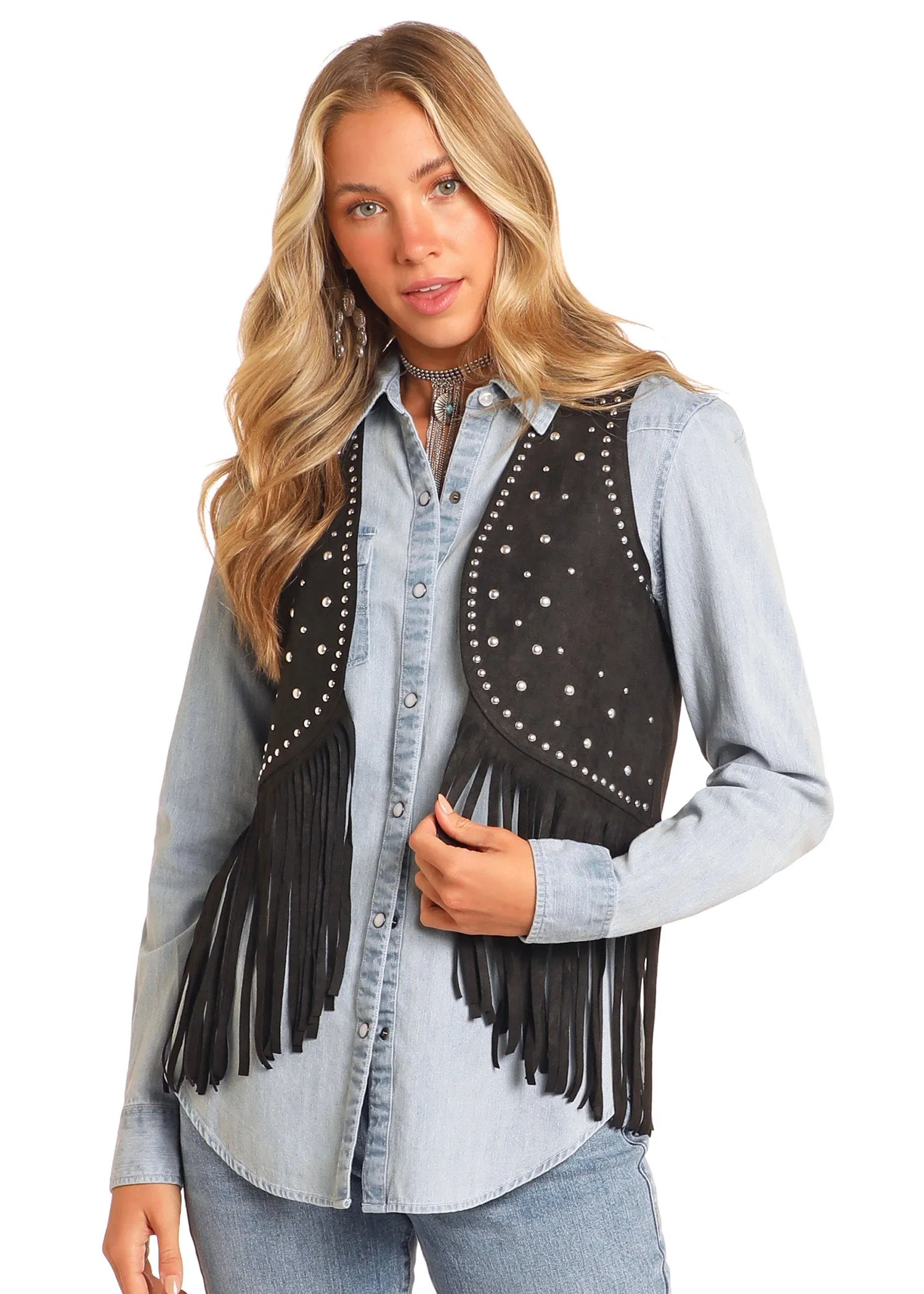 4549 Rock & Roll Ladies Studded Fringed Vest