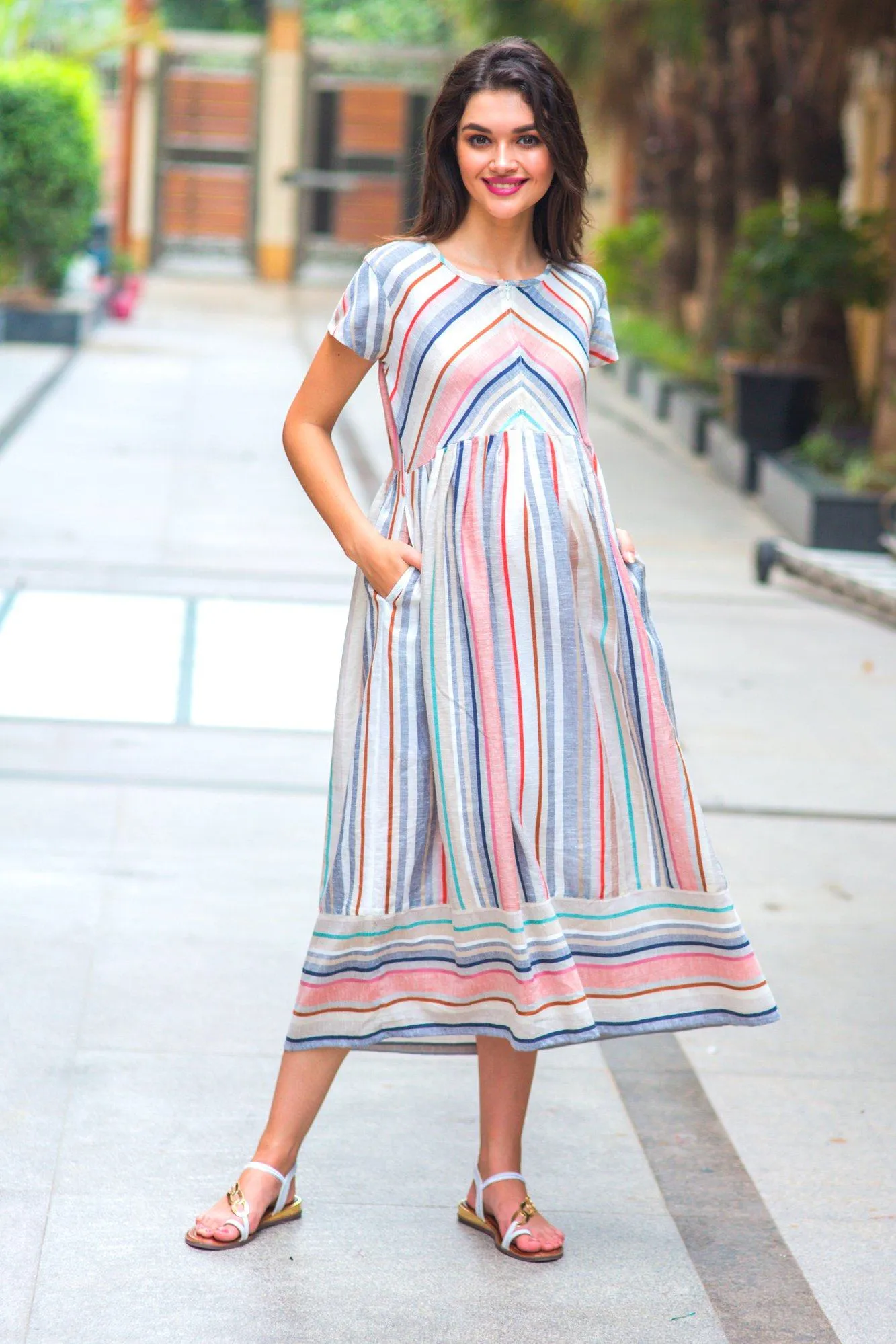 Abstract Striped Linen Maternity & Nursing Dress