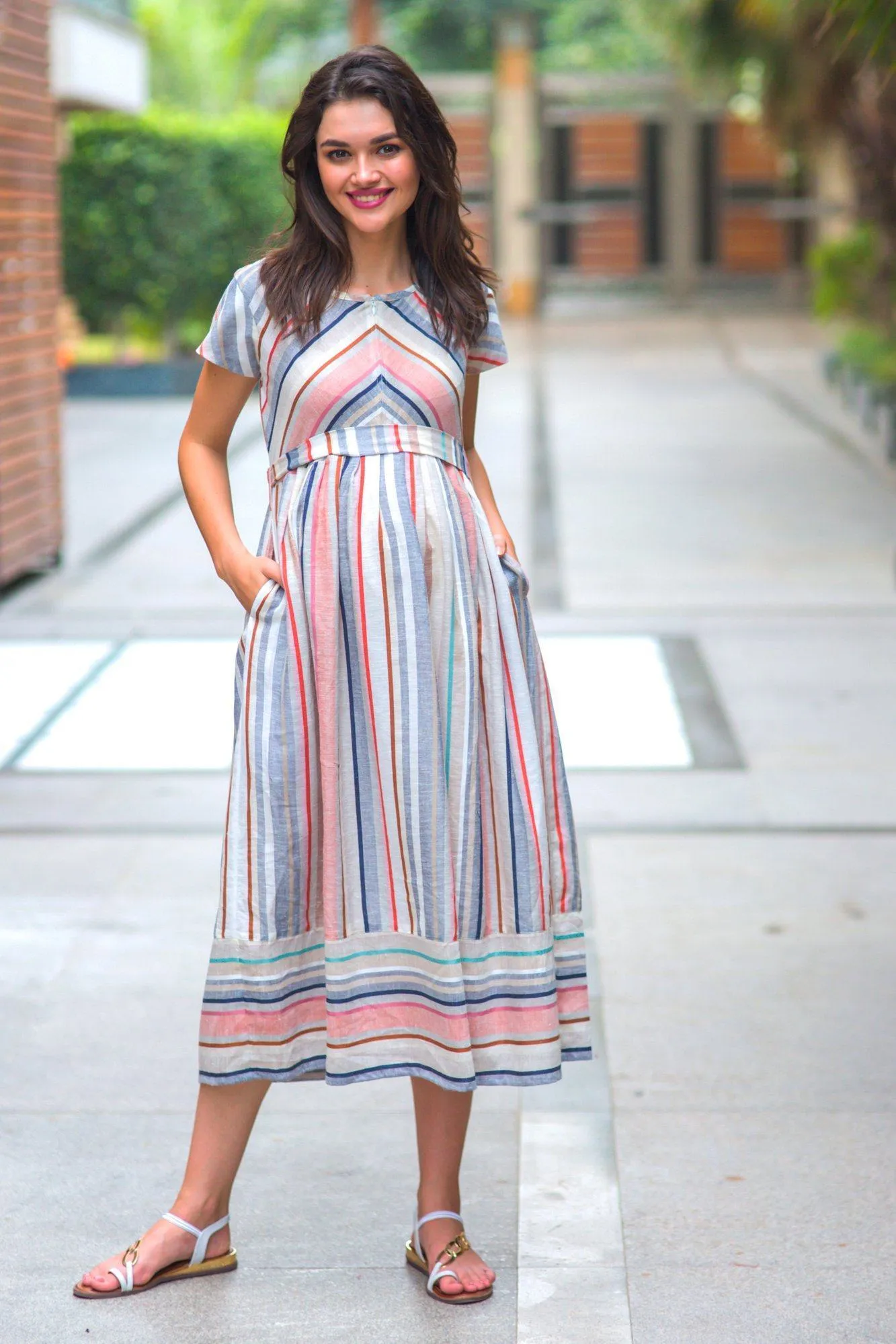 Abstract Striped Linen Maternity & Nursing Dress