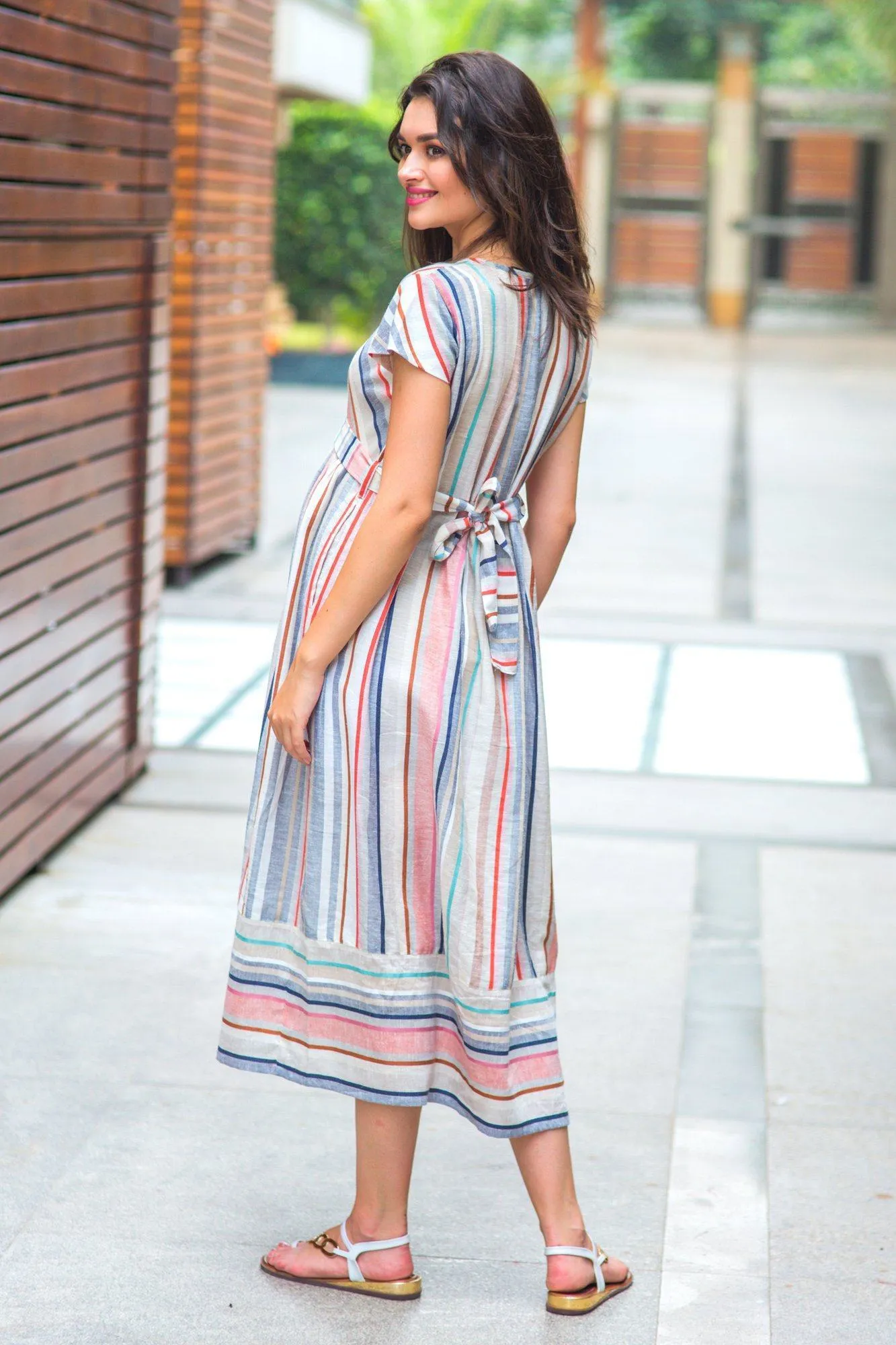 Abstract Striped Linen Maternity & Nursing Dress