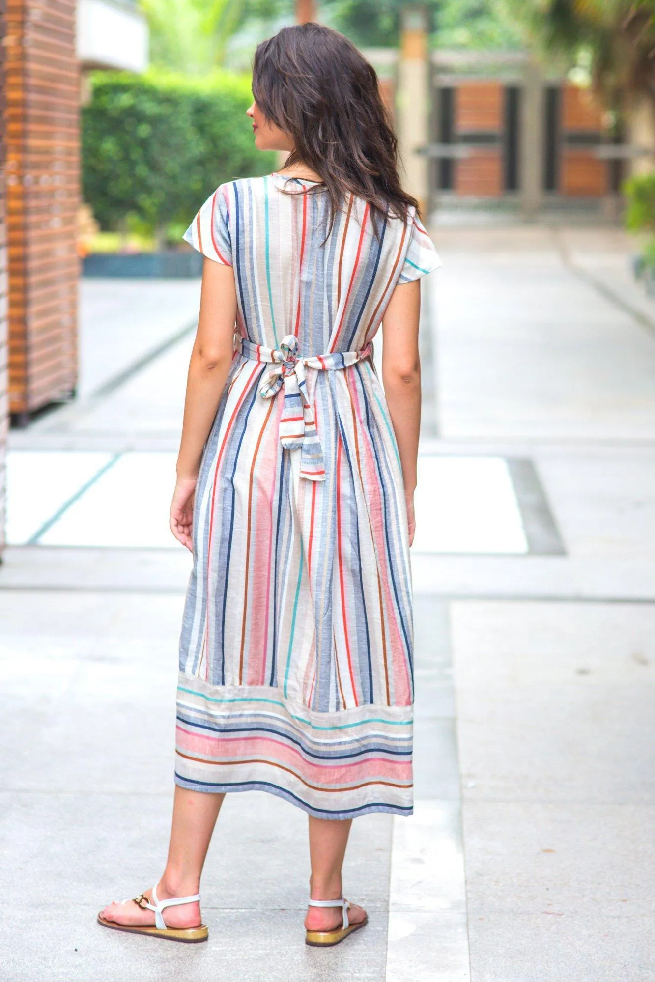 Abstract Striped Linen Maternity & Nursing Dress