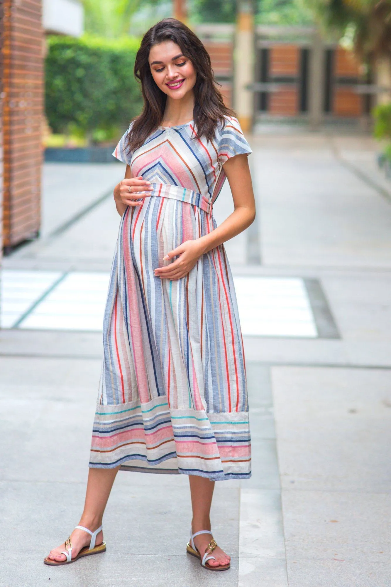 Abstract Striped Linen Maternity & Nursing Dress