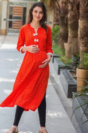 Apricot Orange Patterned Maternity & Nursing Kurta