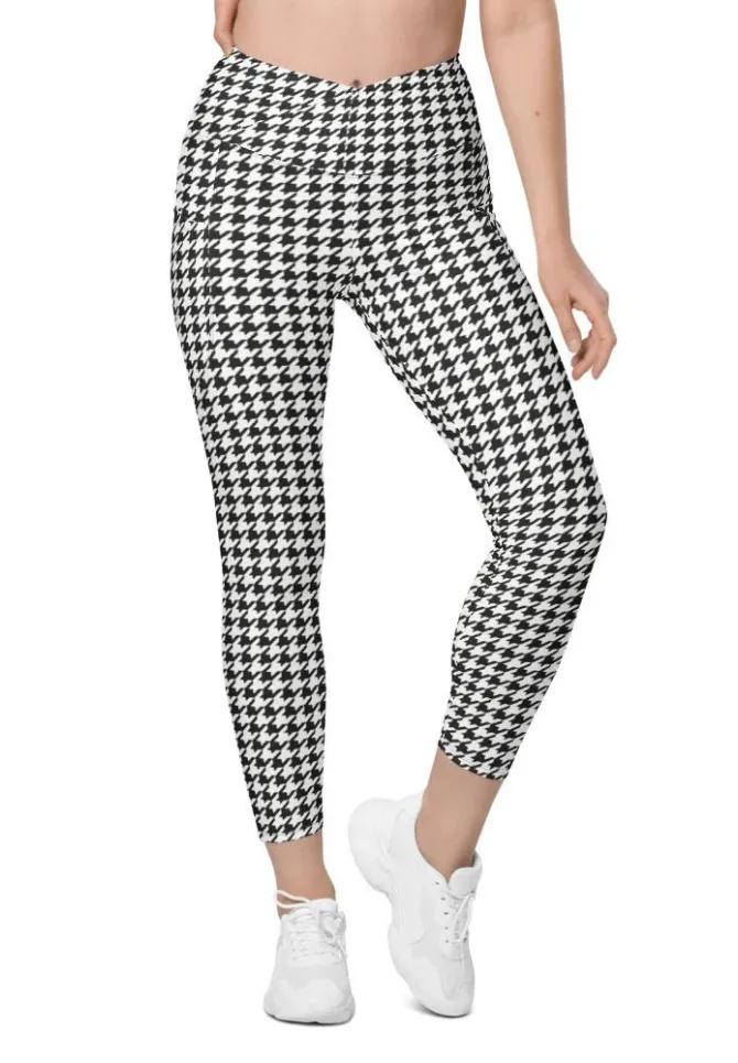 Black & White Houndstooth Print Crossover Leggings With Pockets