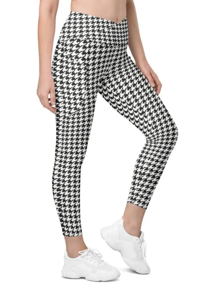 Black & White Houndstooth Print Crossover Leggings With Pockets