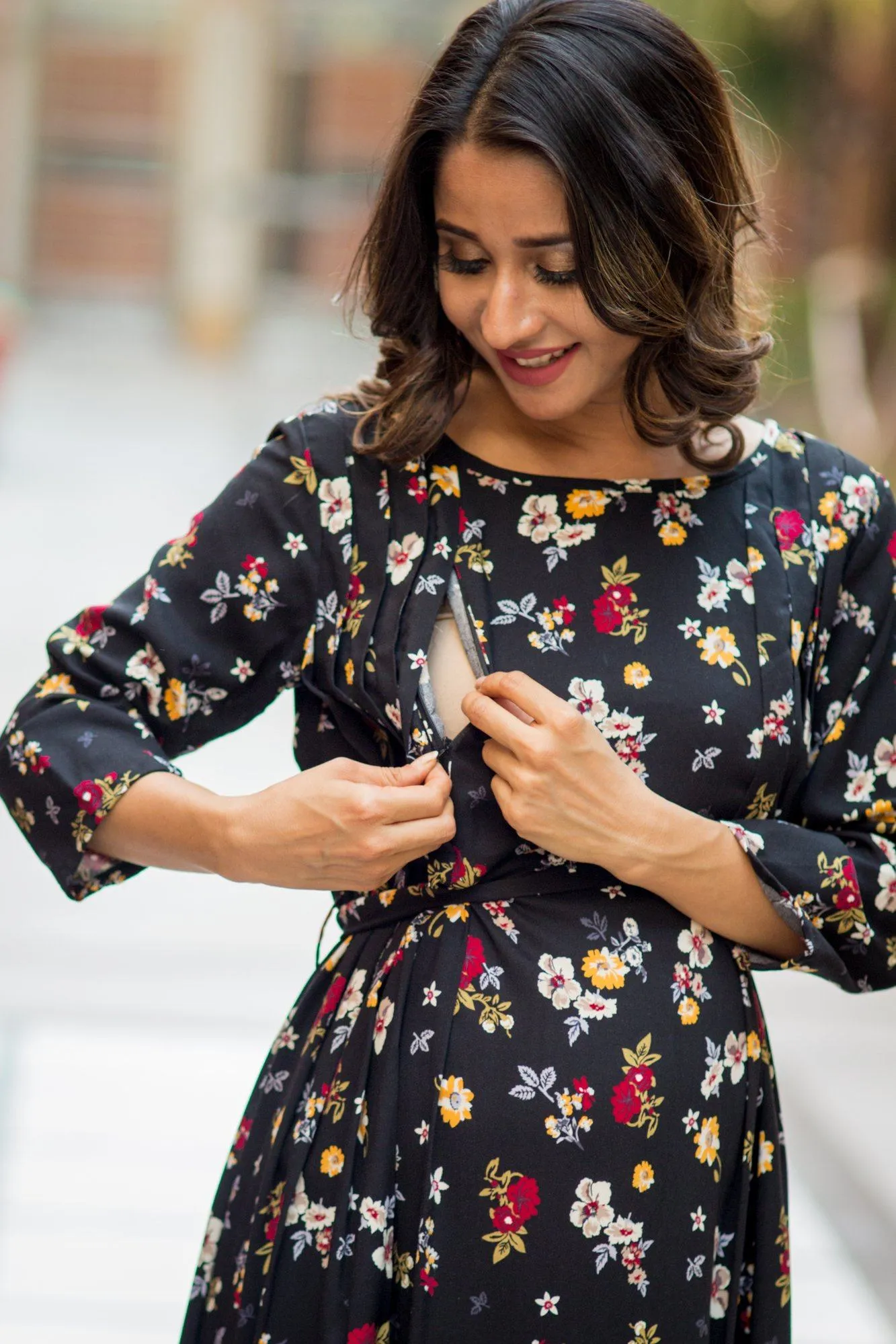 Black Floral Maternity & Nursing Maxi Dress