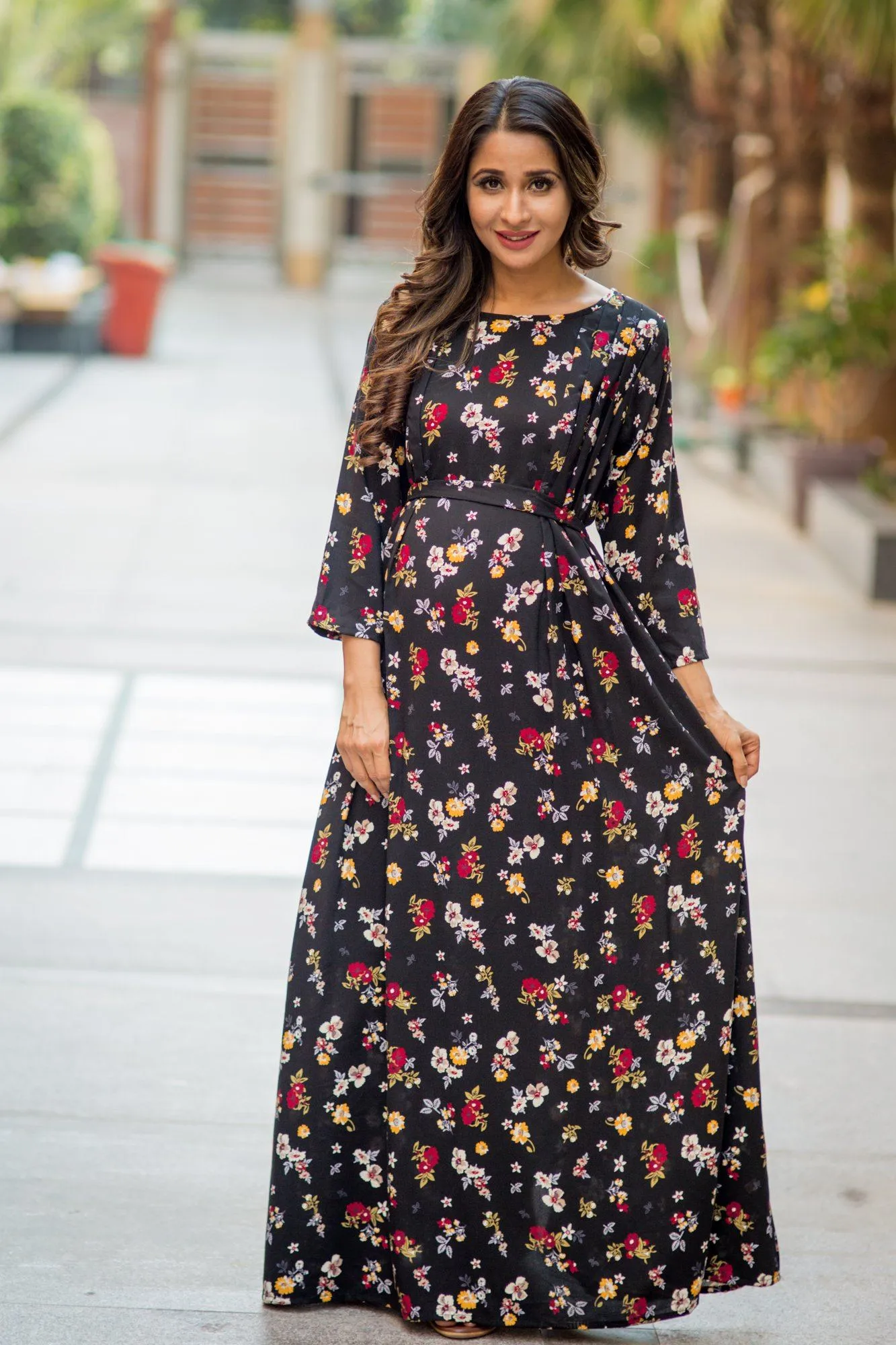 Black Floral Maternity & Nursing Maxi Dress