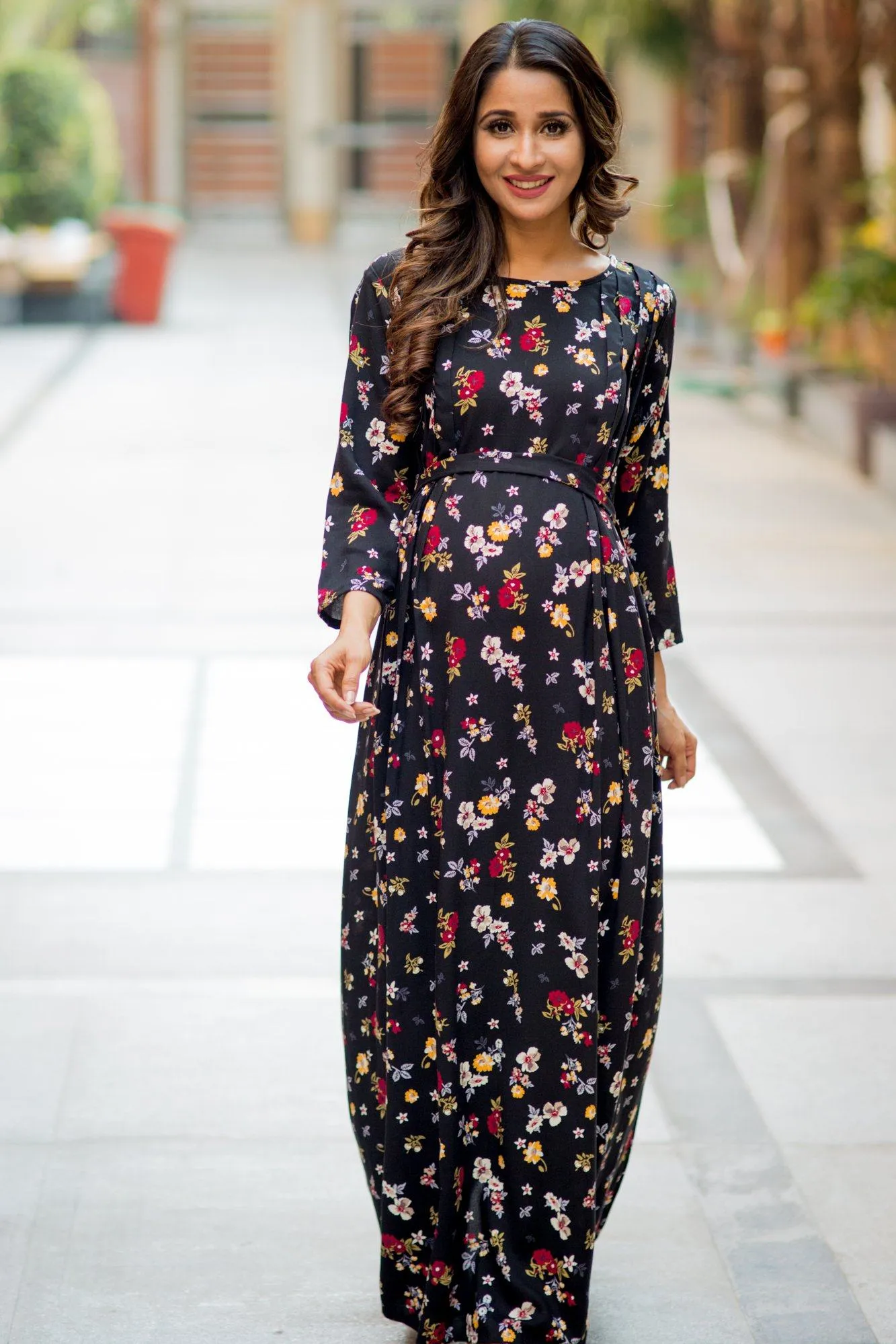 Black Floral Maternity & Nursing Maxi Dress