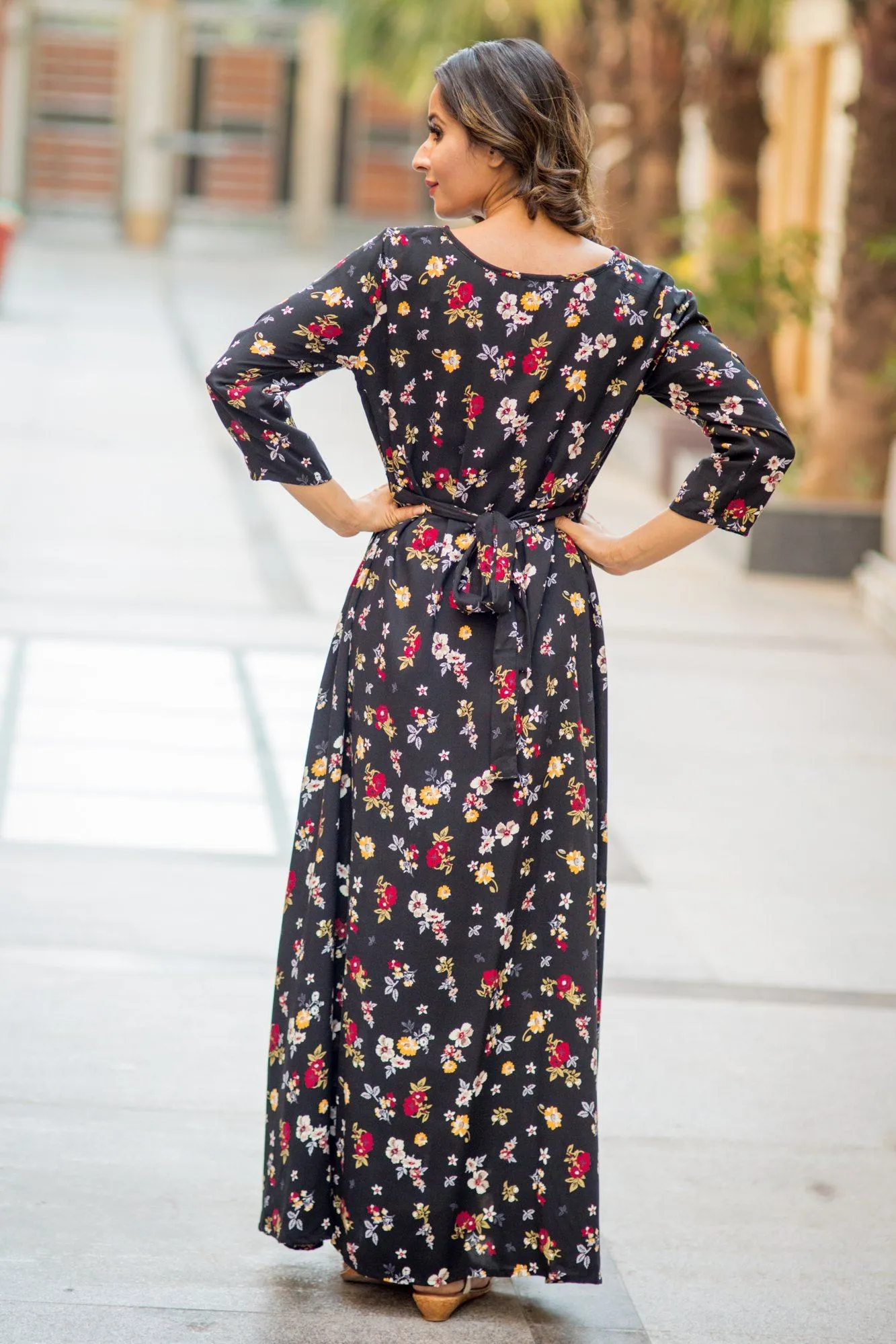 Black Floral Maternity & Nursing Maxi Dress