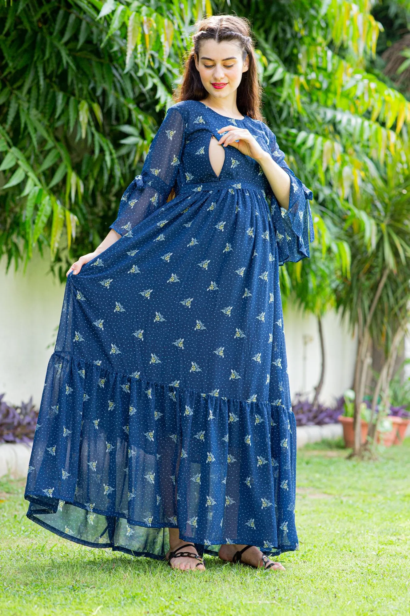 Blue High Maternity & Nursing Frill Dress