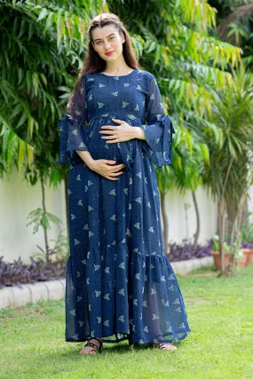 Blue High Maternity & Nursing Frill Dress