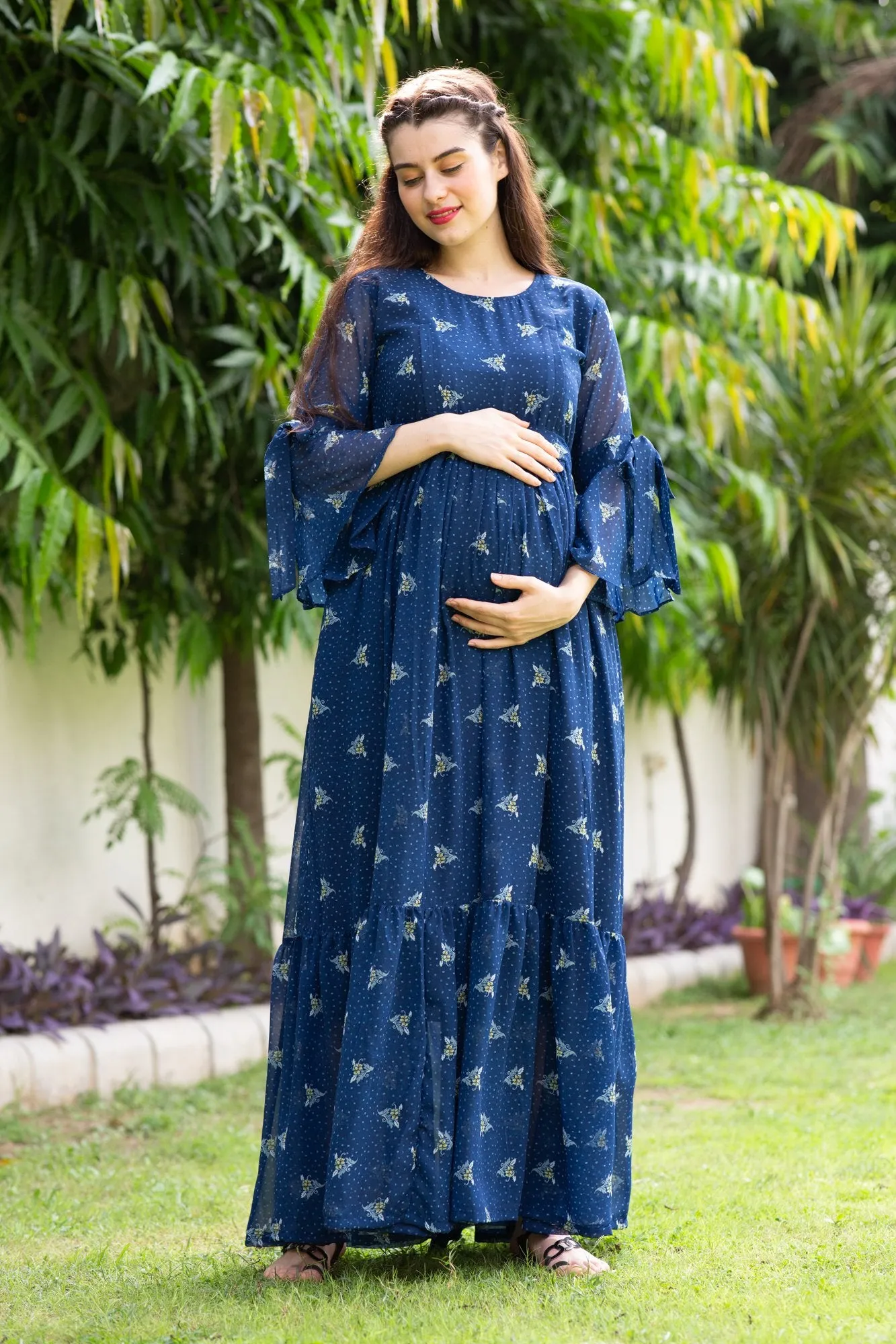 Blue High Maternity & Nursing Frill Dress