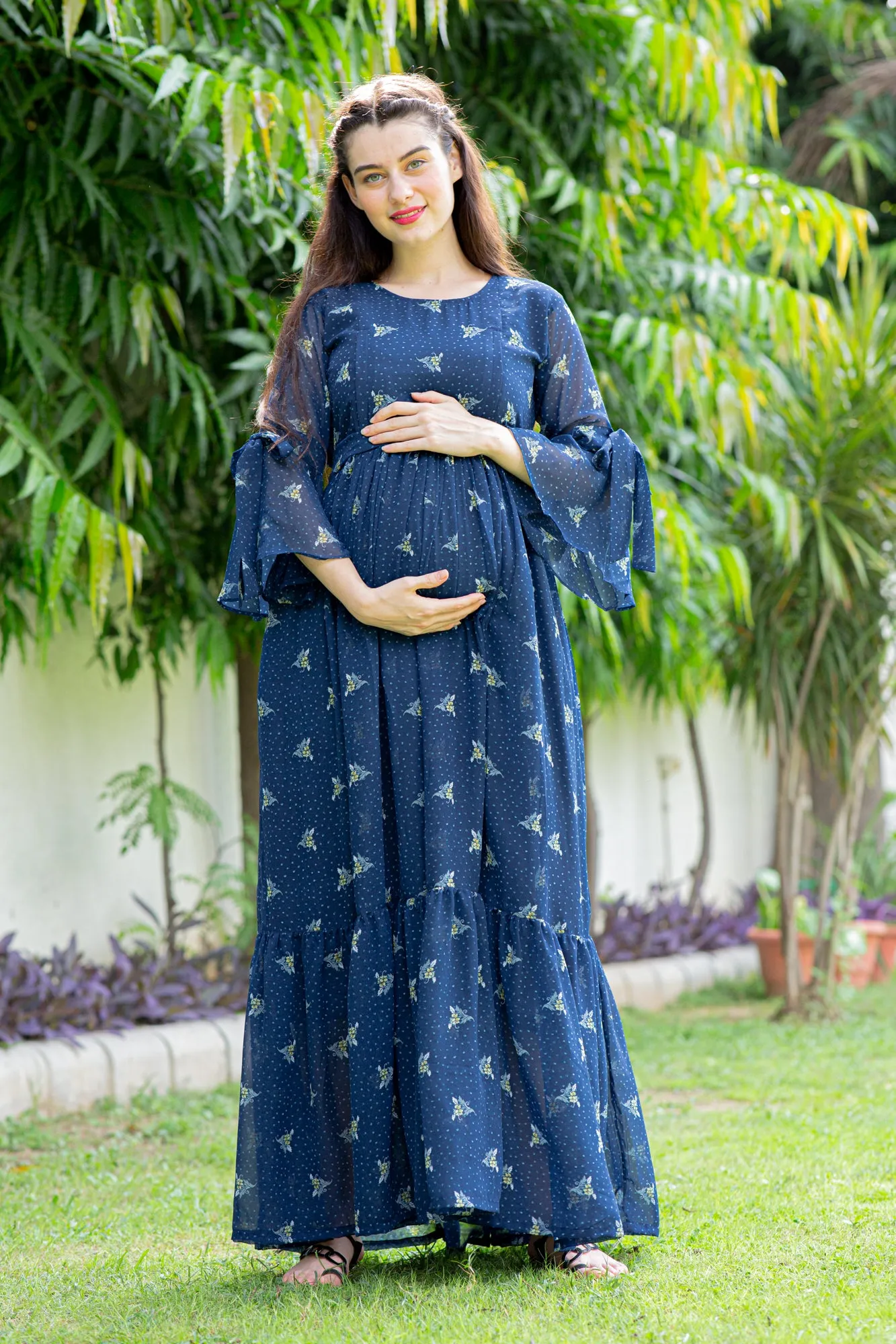 Blue High Maternity & Nursing Frill Dress