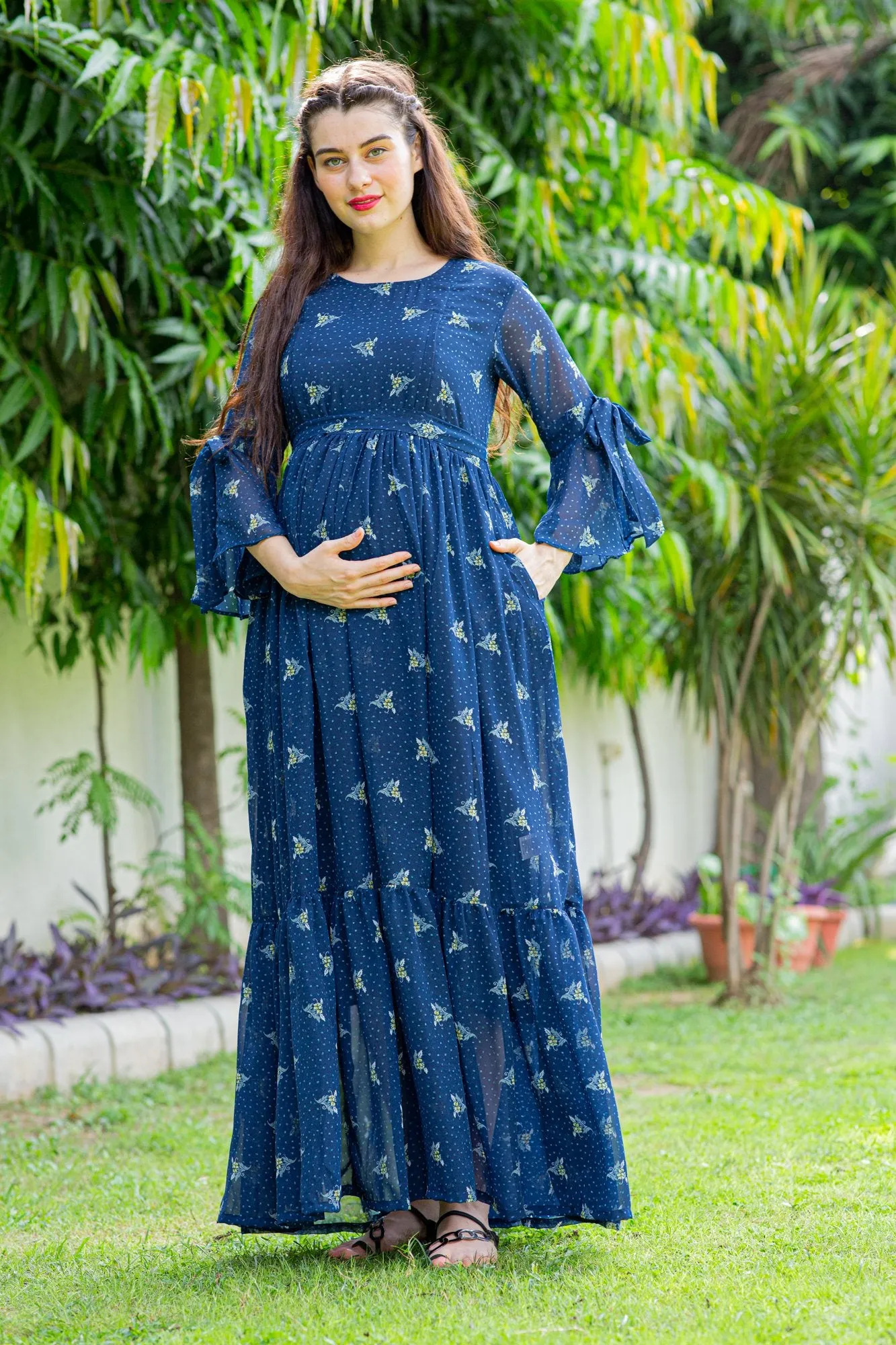 Blue High Maternity & Nursing Frill Dress