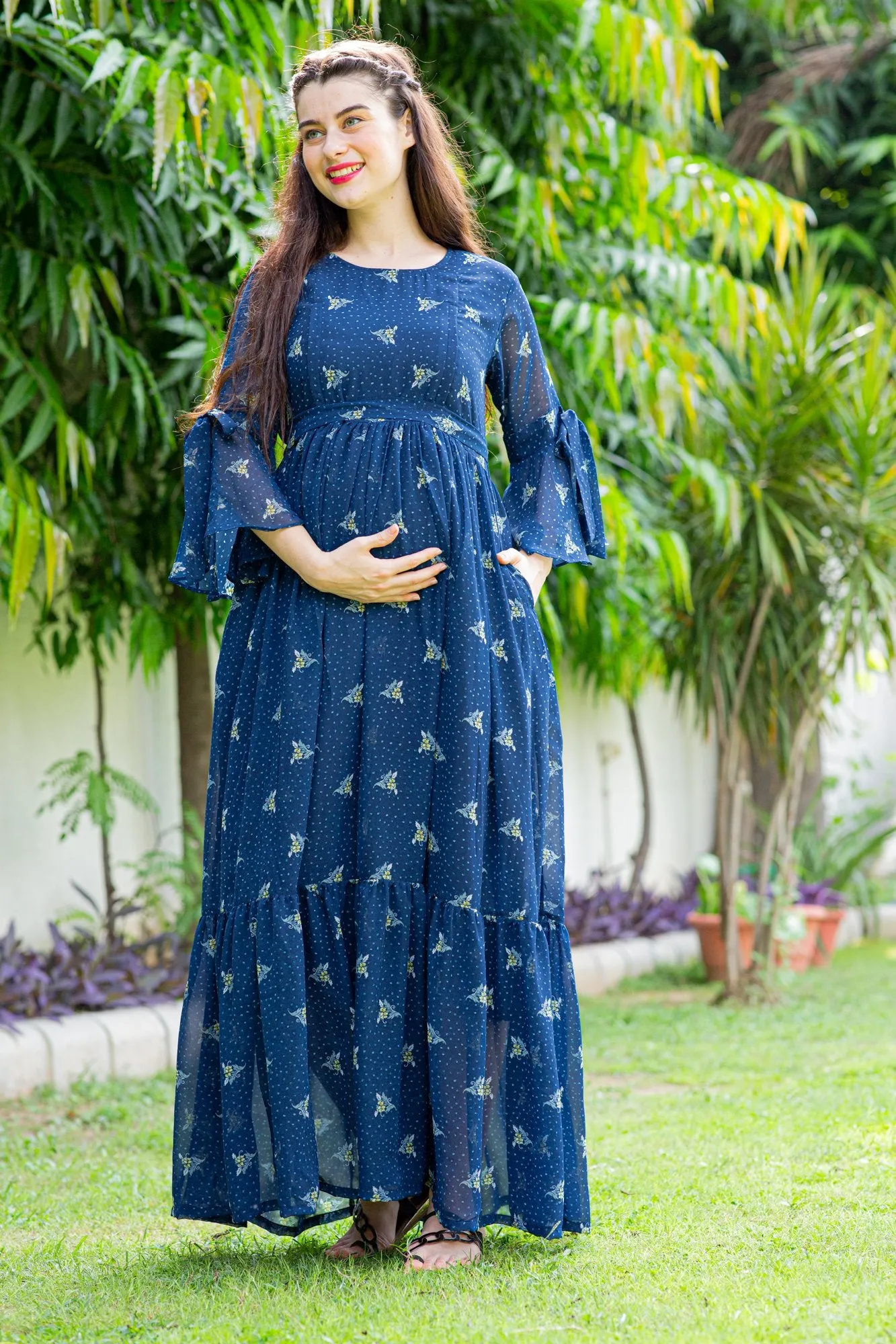 Blue High Maternity & Nursing Frill Dress