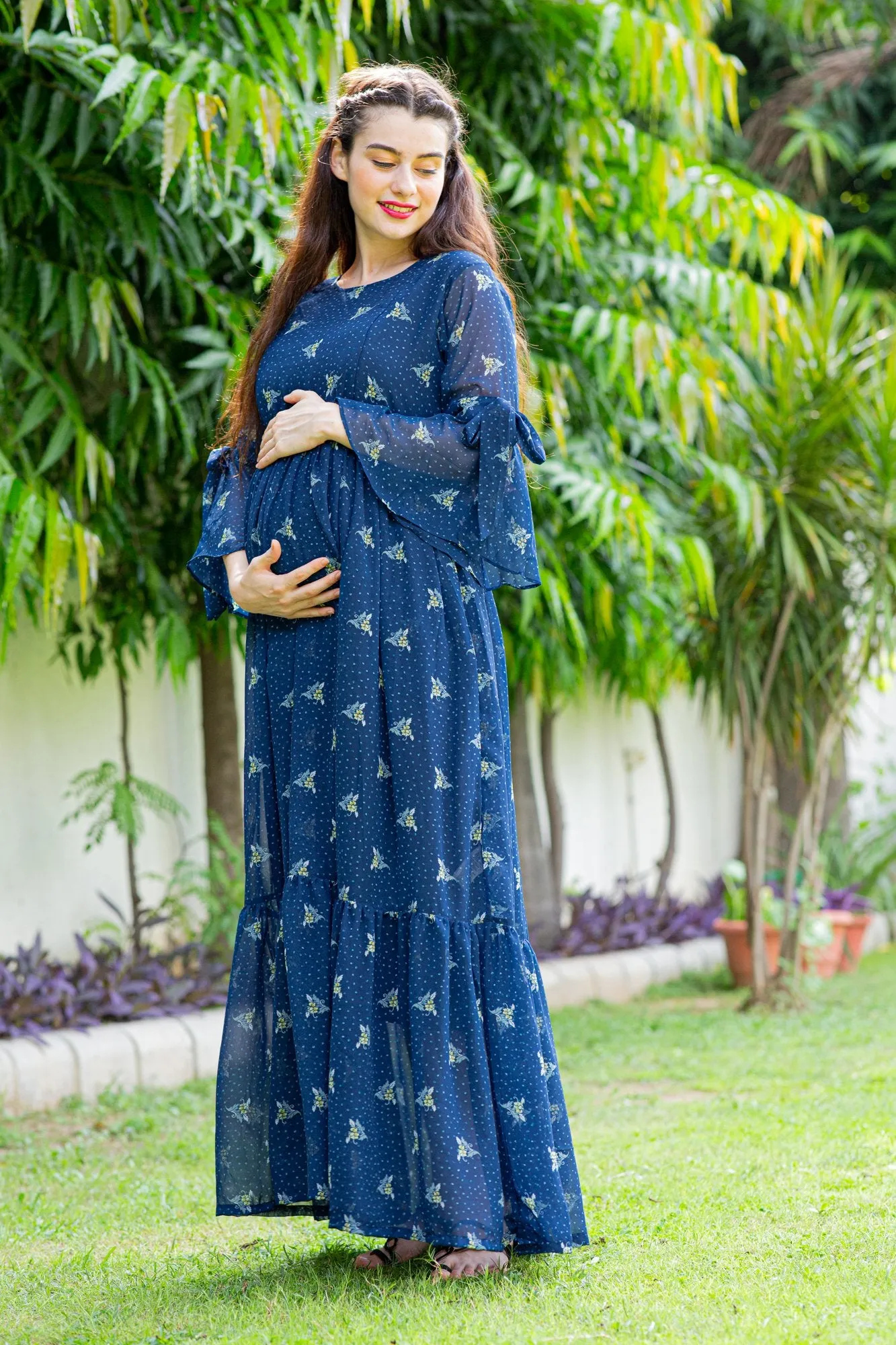 Blue High Maternity & Nursing Frill Dress