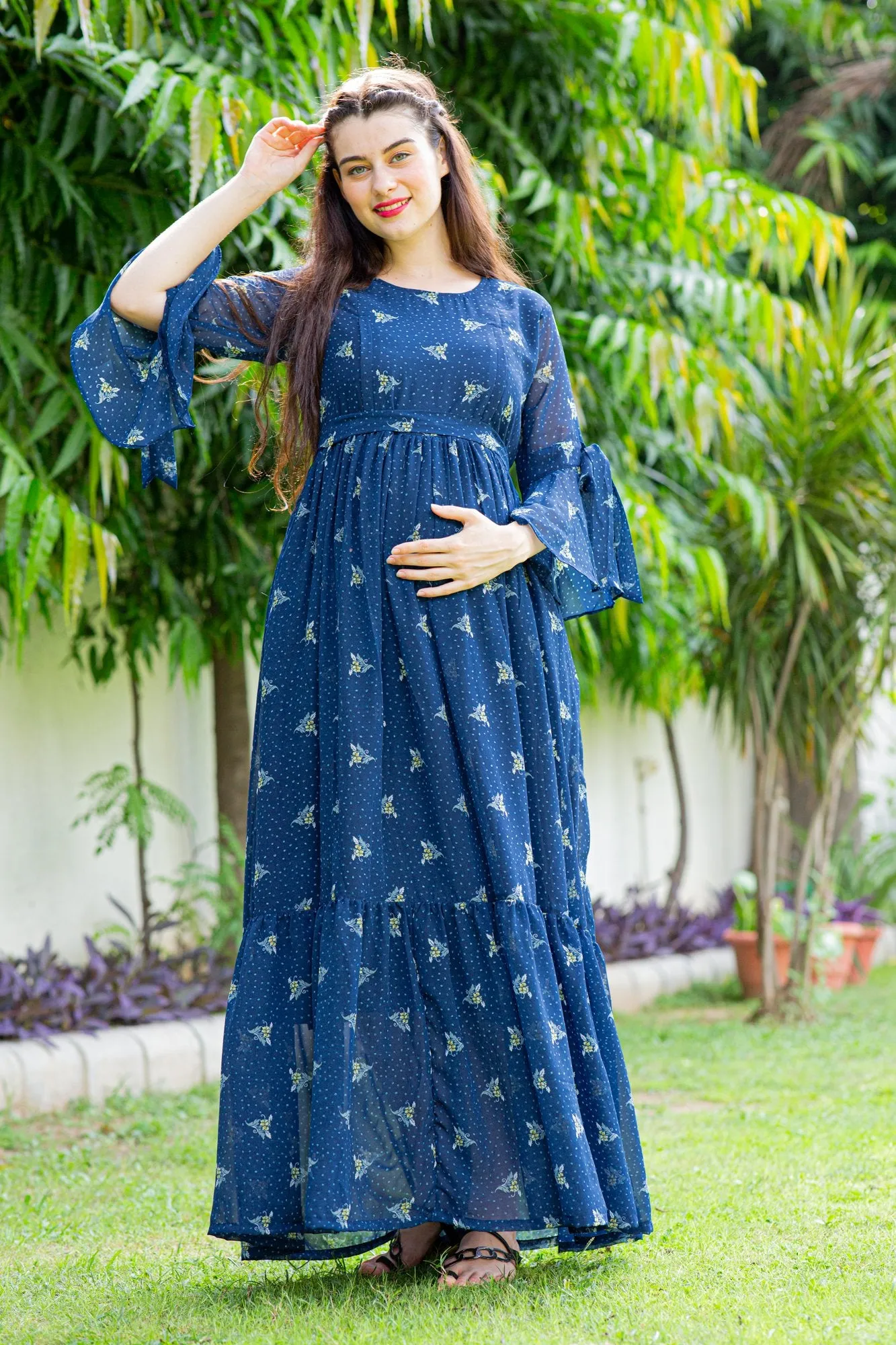 Blue High Maternity & Nursing Frill Dress