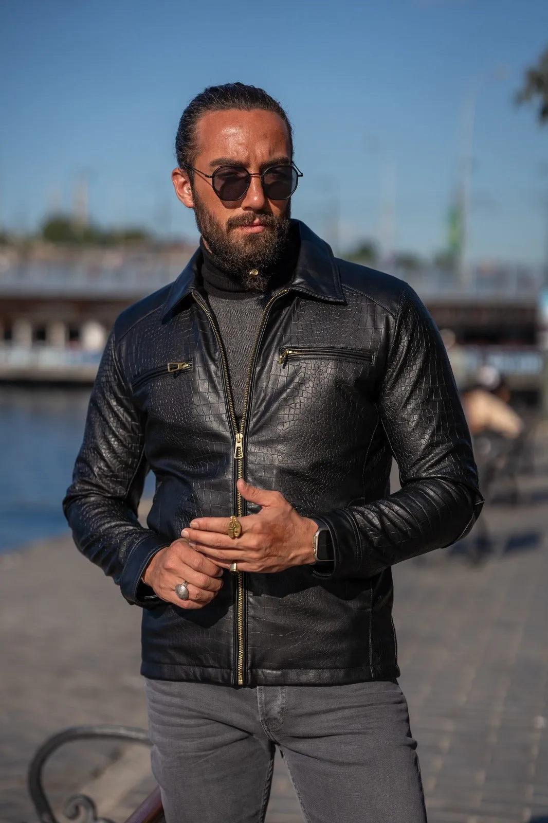 Bojoni Matera Slim Fit Leather Crocodile Style Jacket