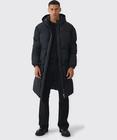 boohooMAN Mens 4 Pocket Longline Hooded Puffer In Black