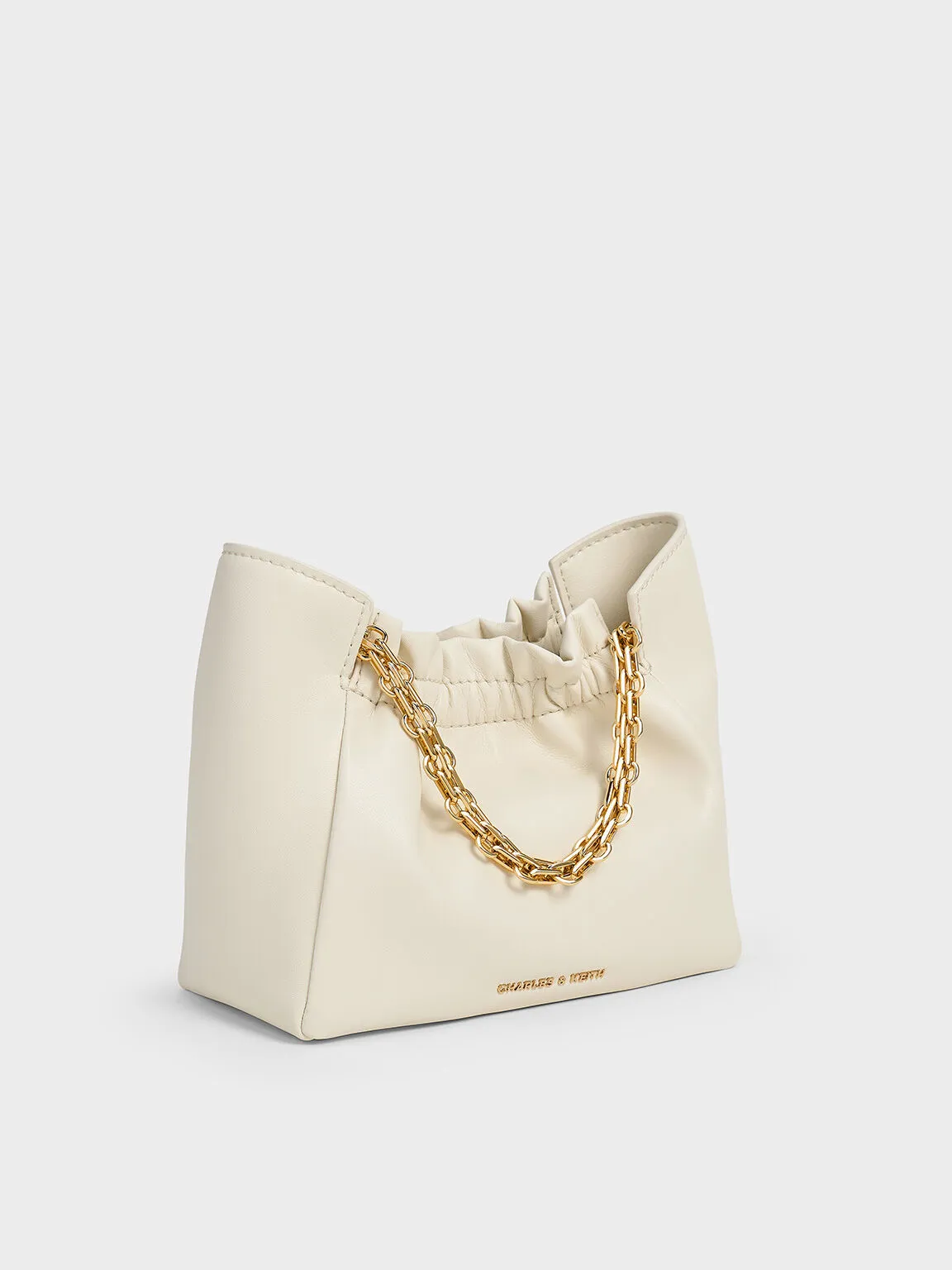 Brigette Ruched Chain-Handle Shoulder Bag - Cream