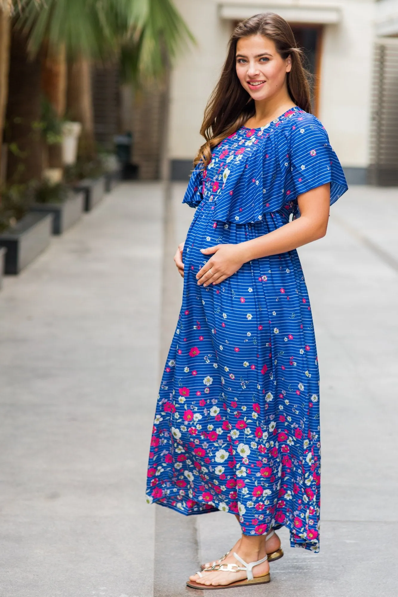 Celeste Blue Floral Maternity & Nursing Flap Dress