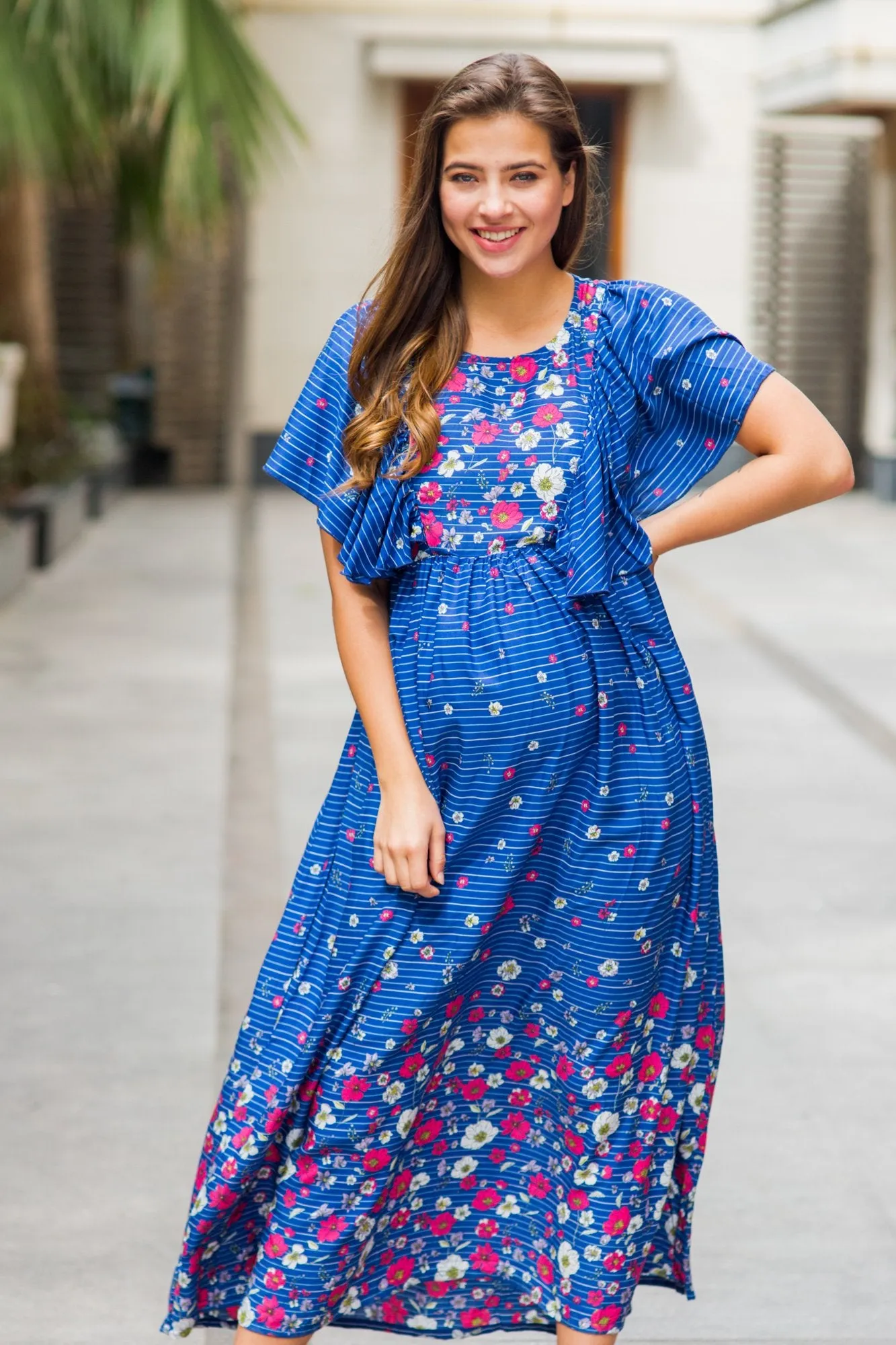 Celeste Blue Floral Maternity & Nursing Flap Dress