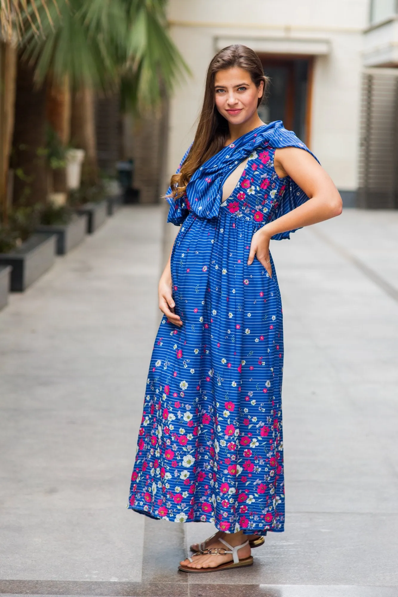 Celeste Blue Floral Maternity & Nursing Flap Dress