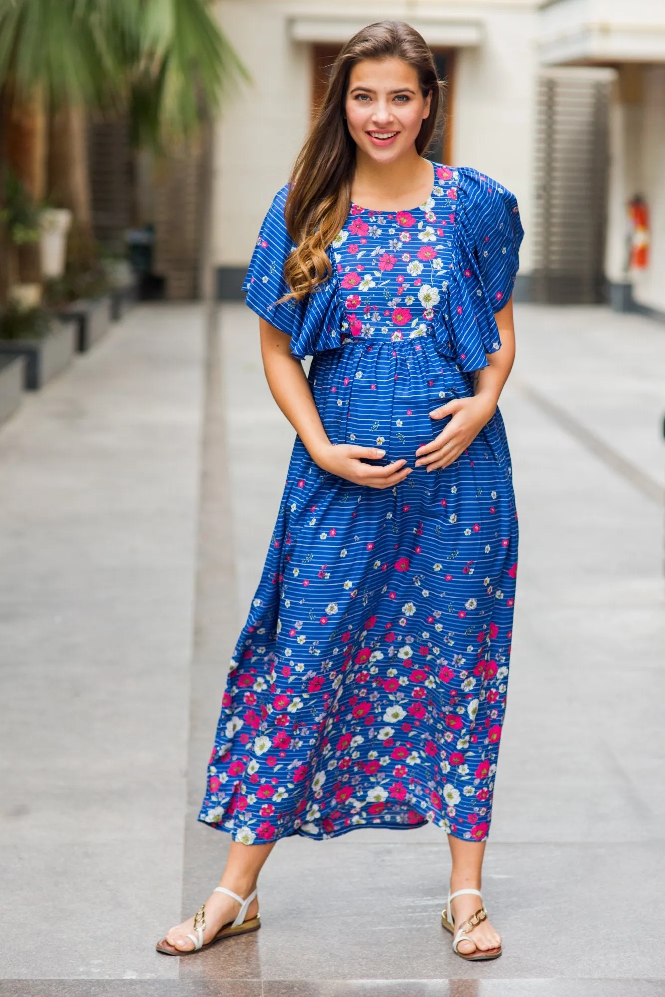 Celeste Blue Floral Maternity & Nursing Flap Dress