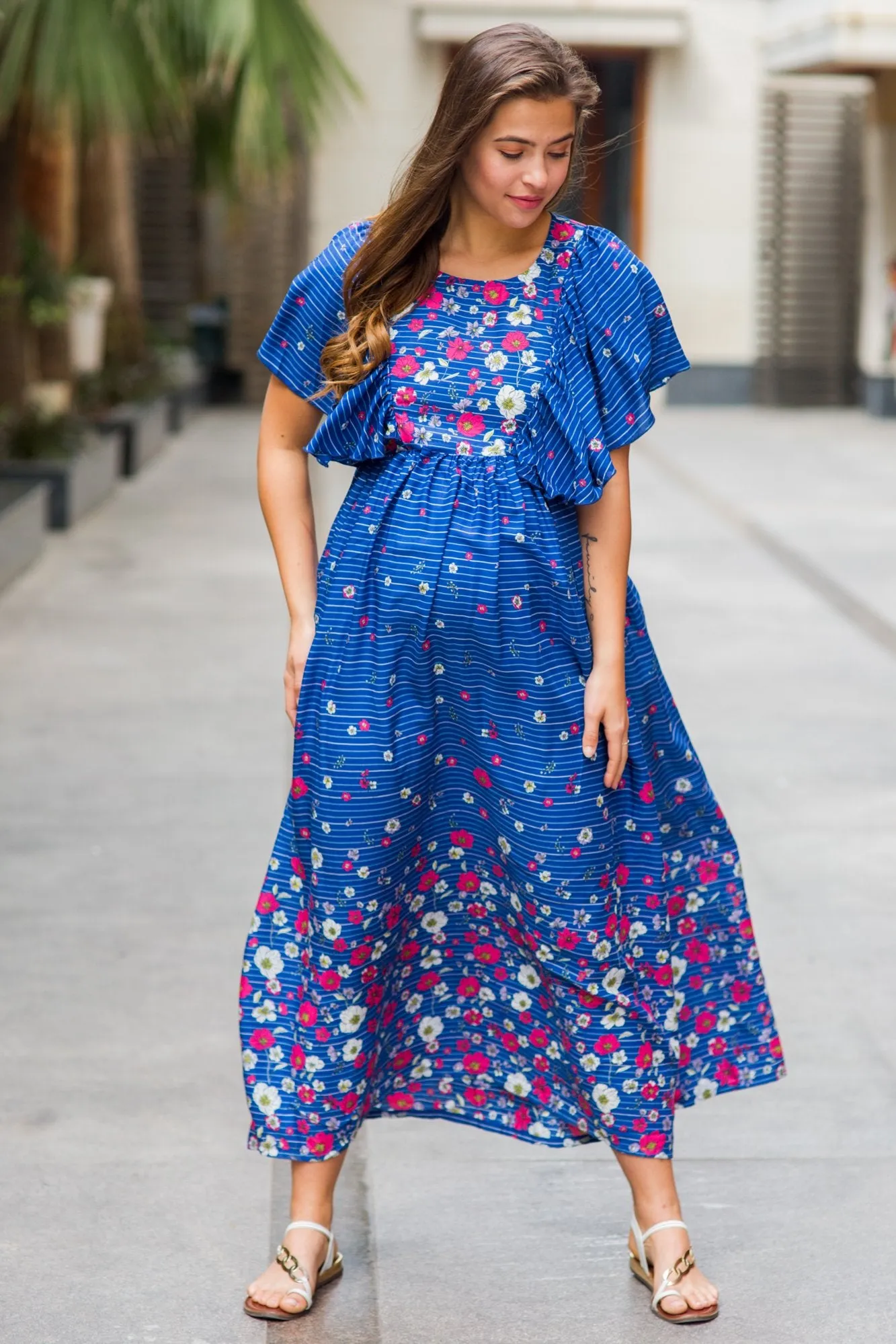 Celeste Blue Floral Maternity & Nursing Flap Dress