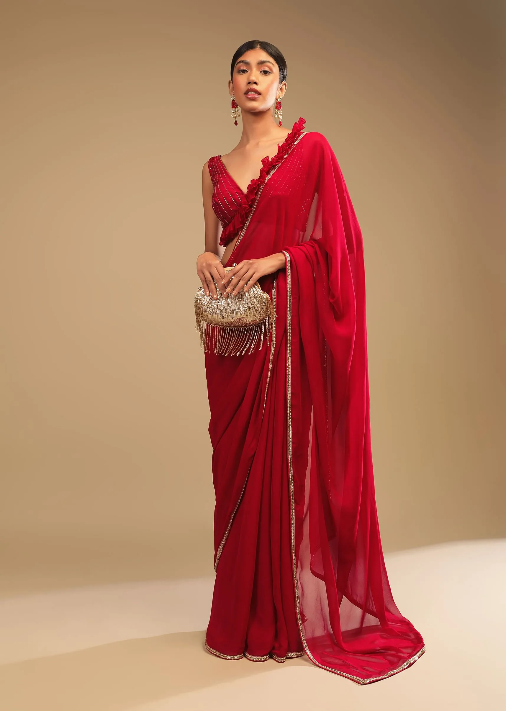 Cherry Red Saree In Georgette With Sequins And Cut Dana Embellished Border And A Ruffle Frill Adorned Crop Top 