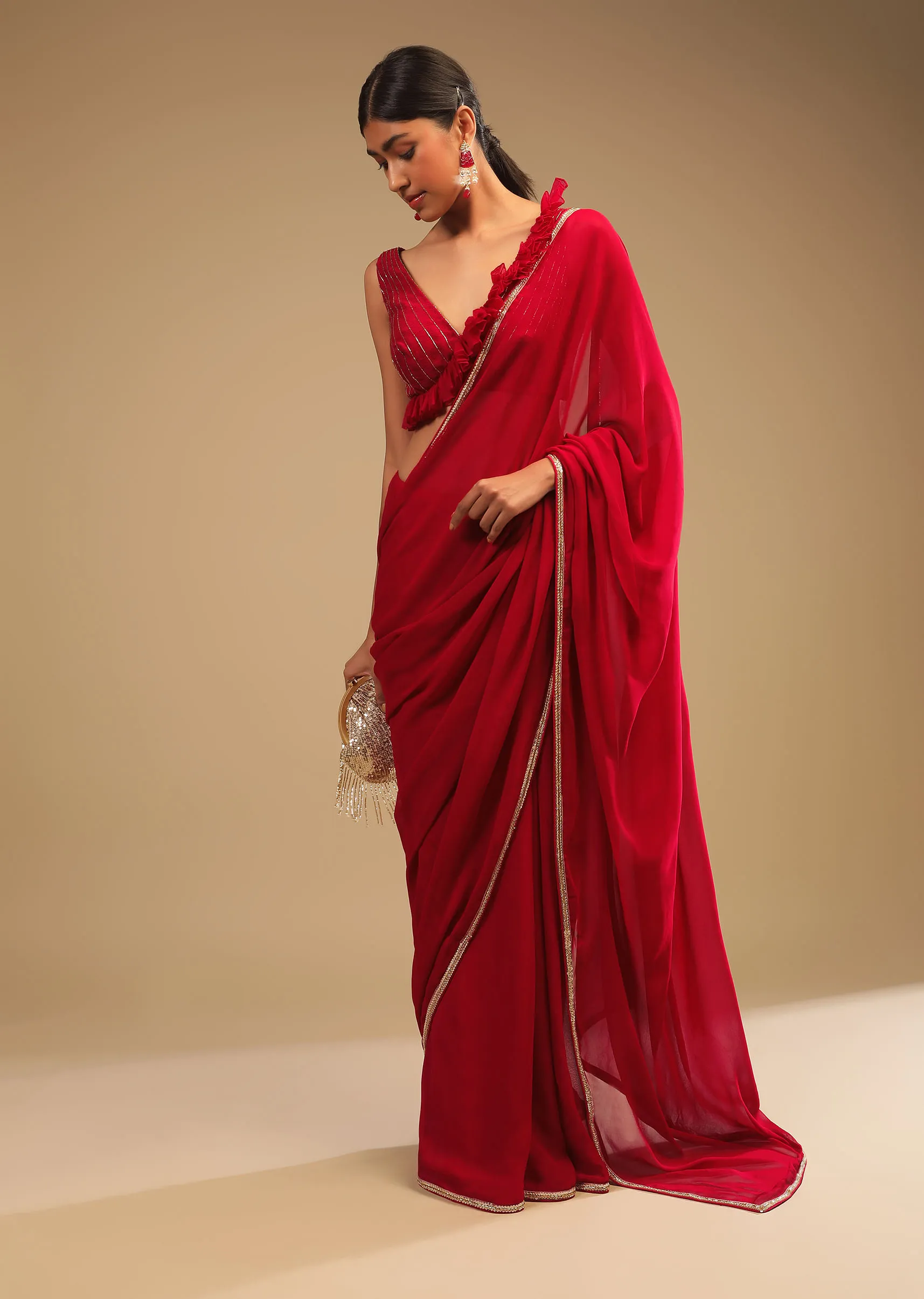 Cherry Red Saree In Georgette With Sequins And Cut Dana Embellished Border And A Ruffle Frill Adorned Crop Top 