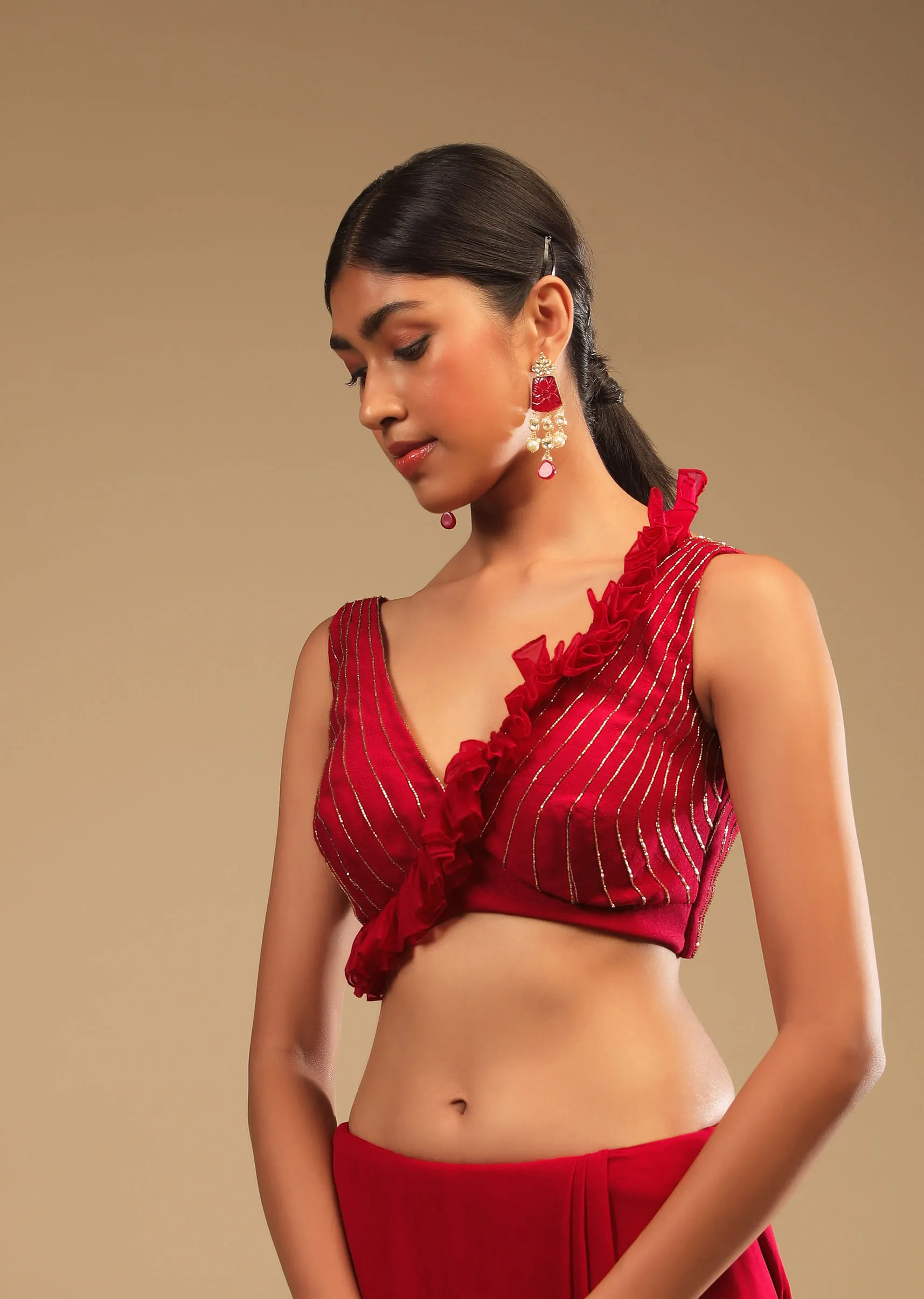 Cherry Red Saree In Georgette With Sequins And Cut Dana Embellished Border And A Ruffle Frill Adorned Crop Top 