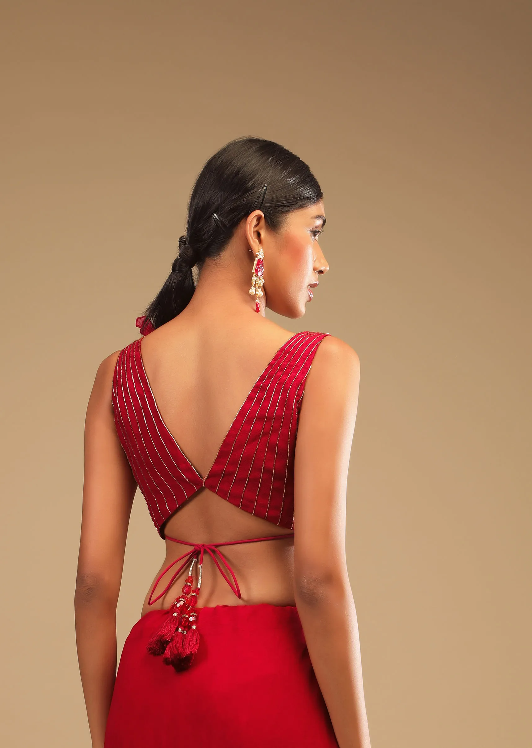 Cherry Red Saree In Georgette With Sequins And Cut Dana Embellished Border And A Ruffle Frill Adorned Crop Top 