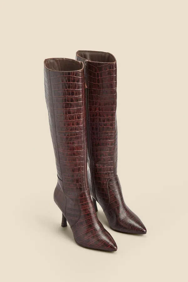 Chocolate Brown Croc Leather Knee High Boot