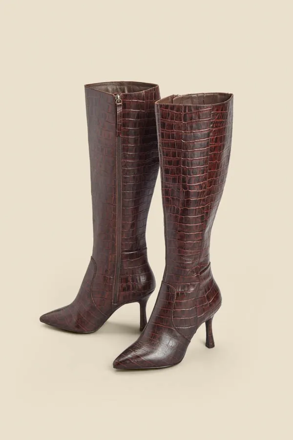 Chocolate Brown Croc Leather Knee High Boot