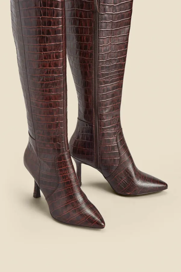 Chocolate Brown Croc Leather Knee High Boot