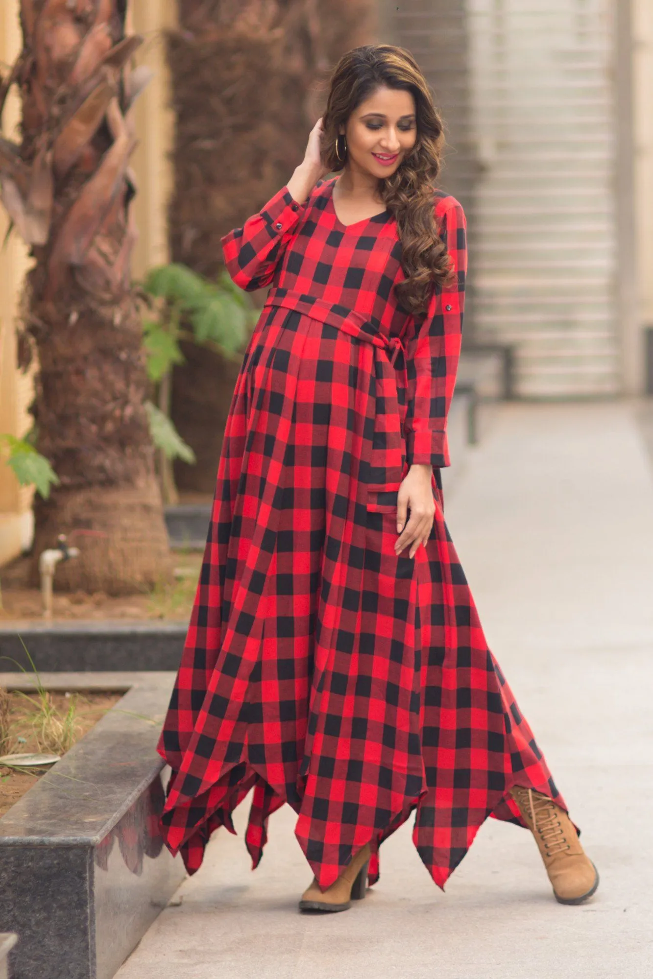 Classic Plaid Maternity & Nursing Maxi Dress