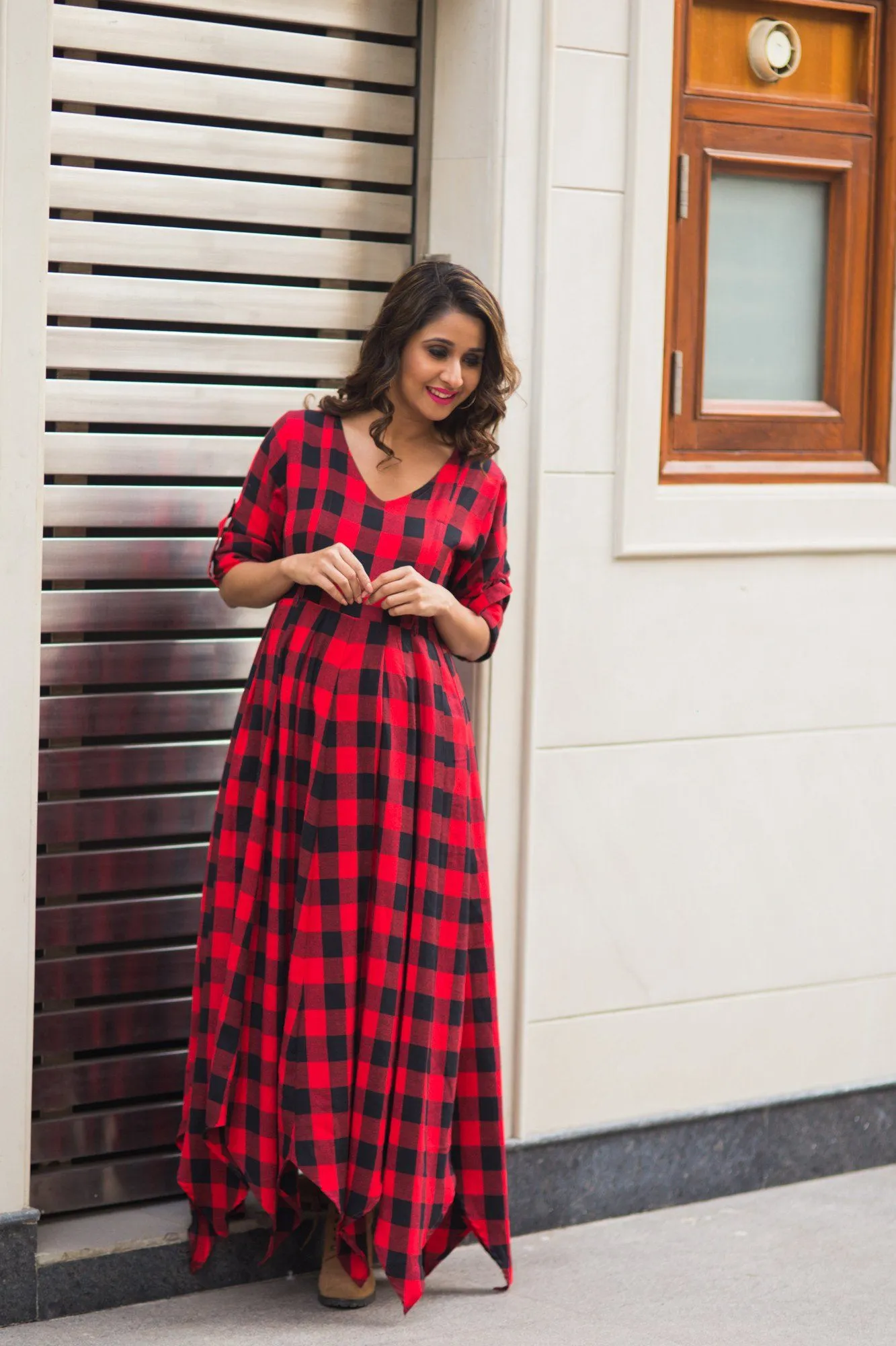 Classic Plaid Maternity & Nursing Maxi Dress