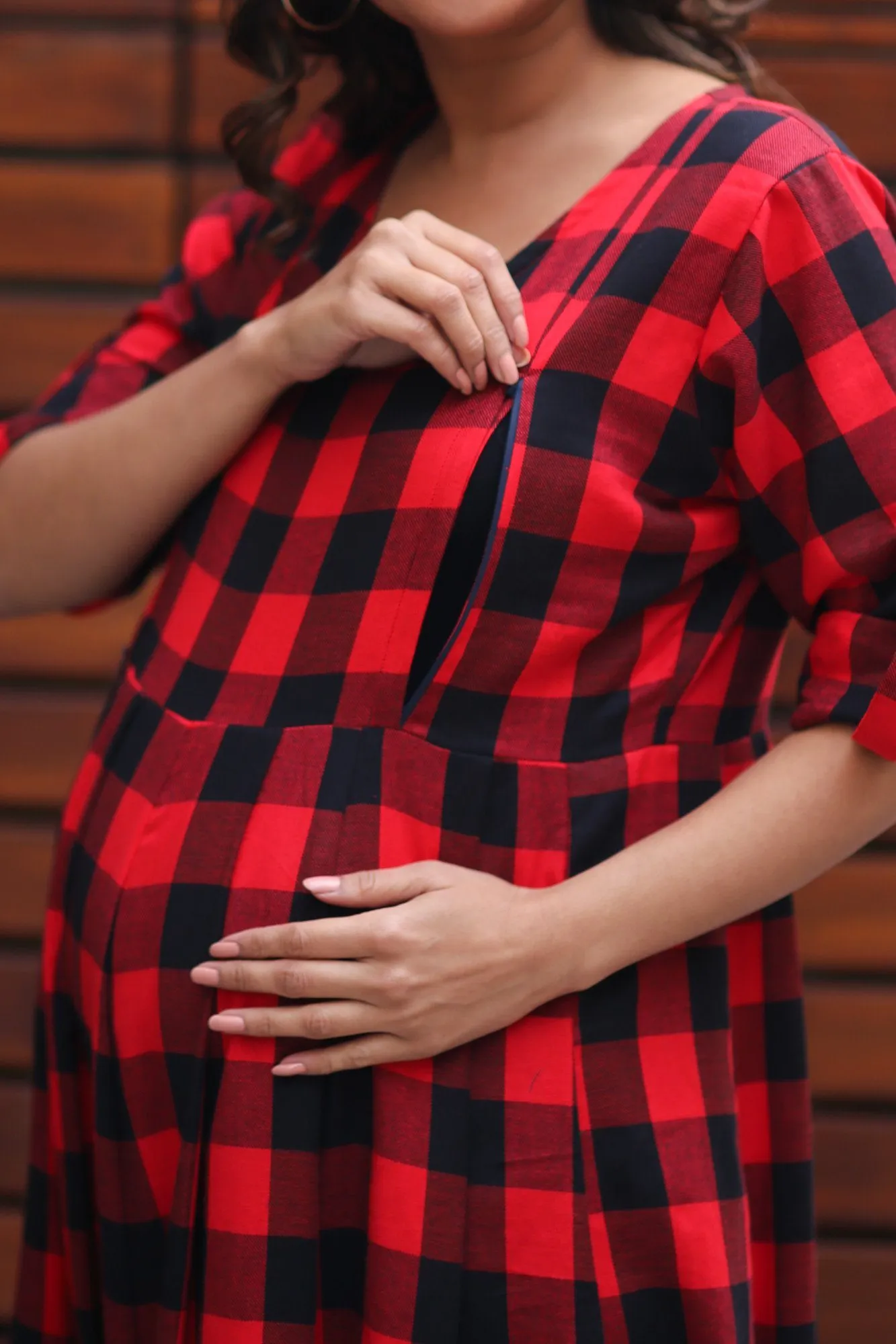 Classic Plaid Maternity & Nursing Maxi Dress