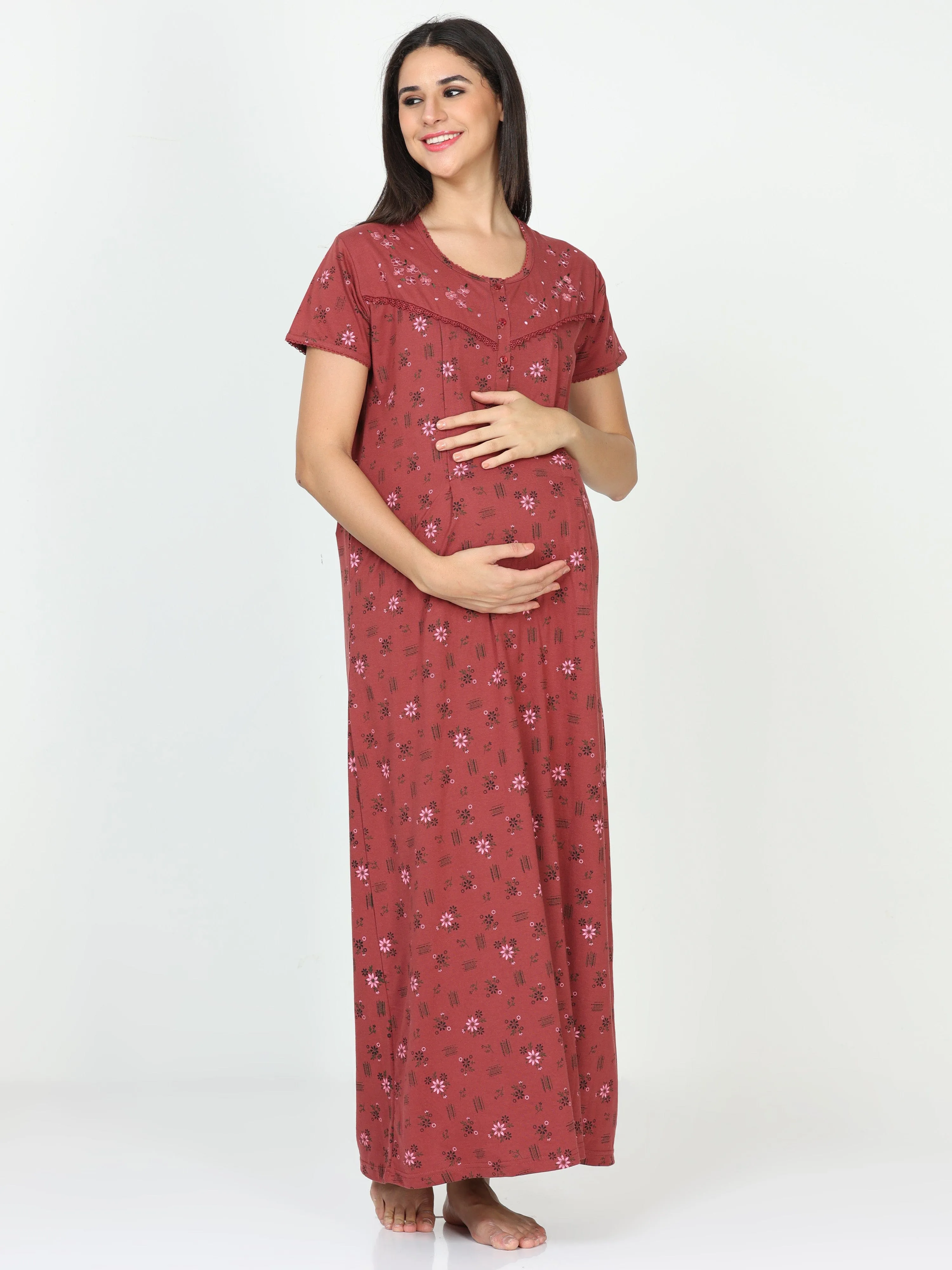 Cotton Blend Maternity Feeding Nighty Indian Red