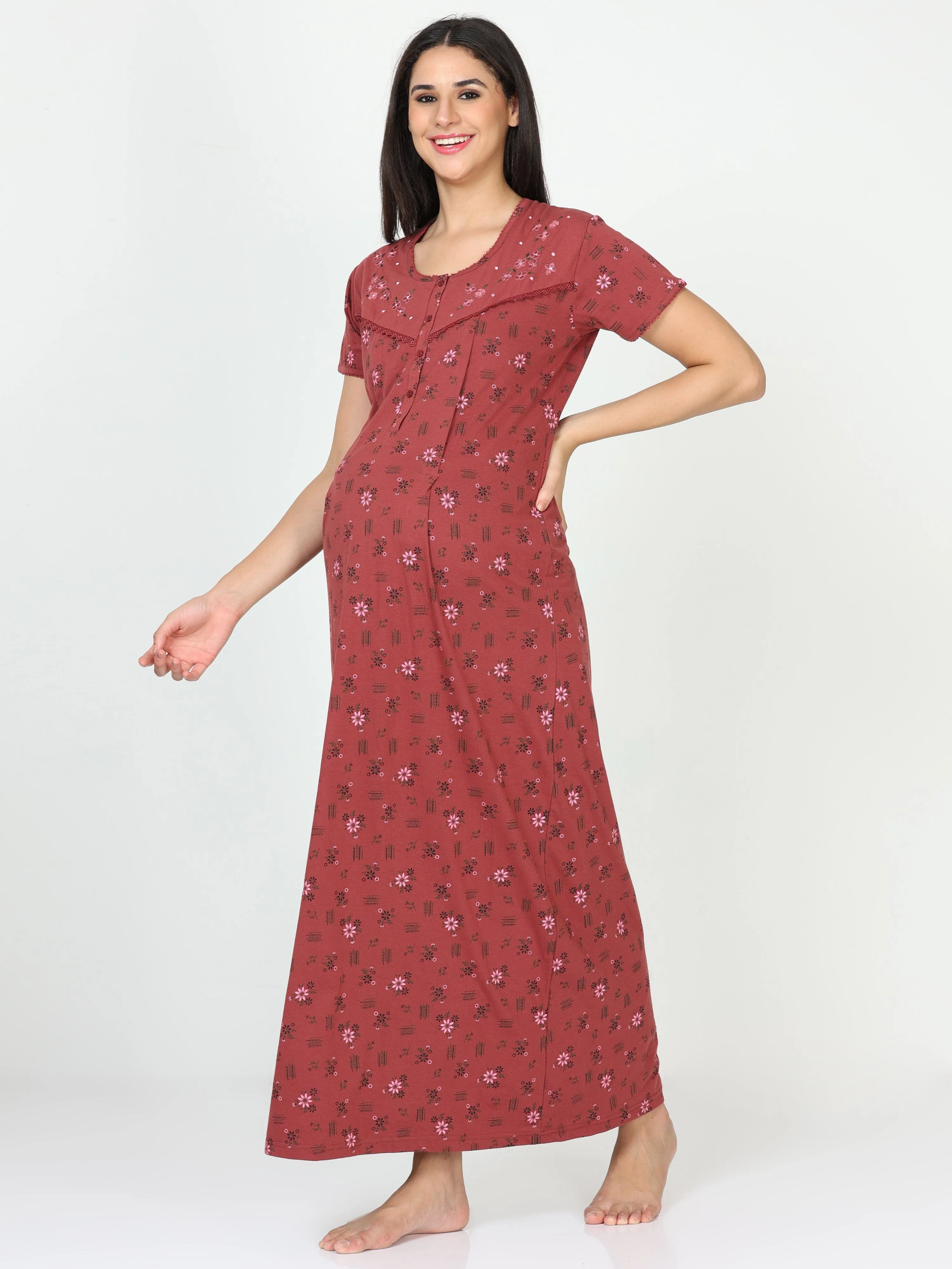 Cotton Blend Maternity Feeding Nighty Indian Red