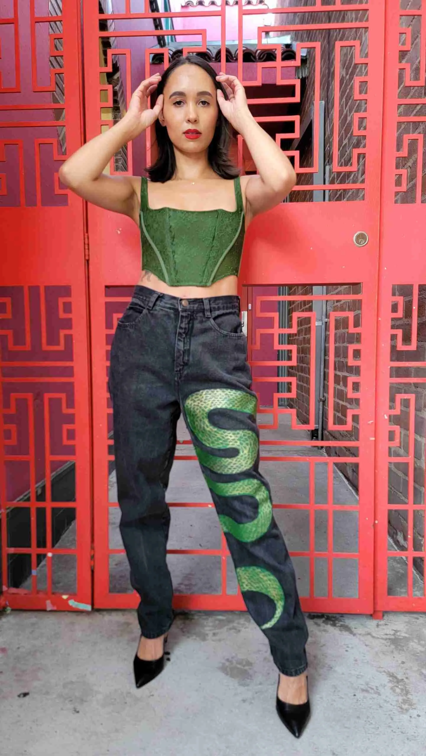 Custom Order: GREEN SNAKE Painted Denim Jeans for Victoria