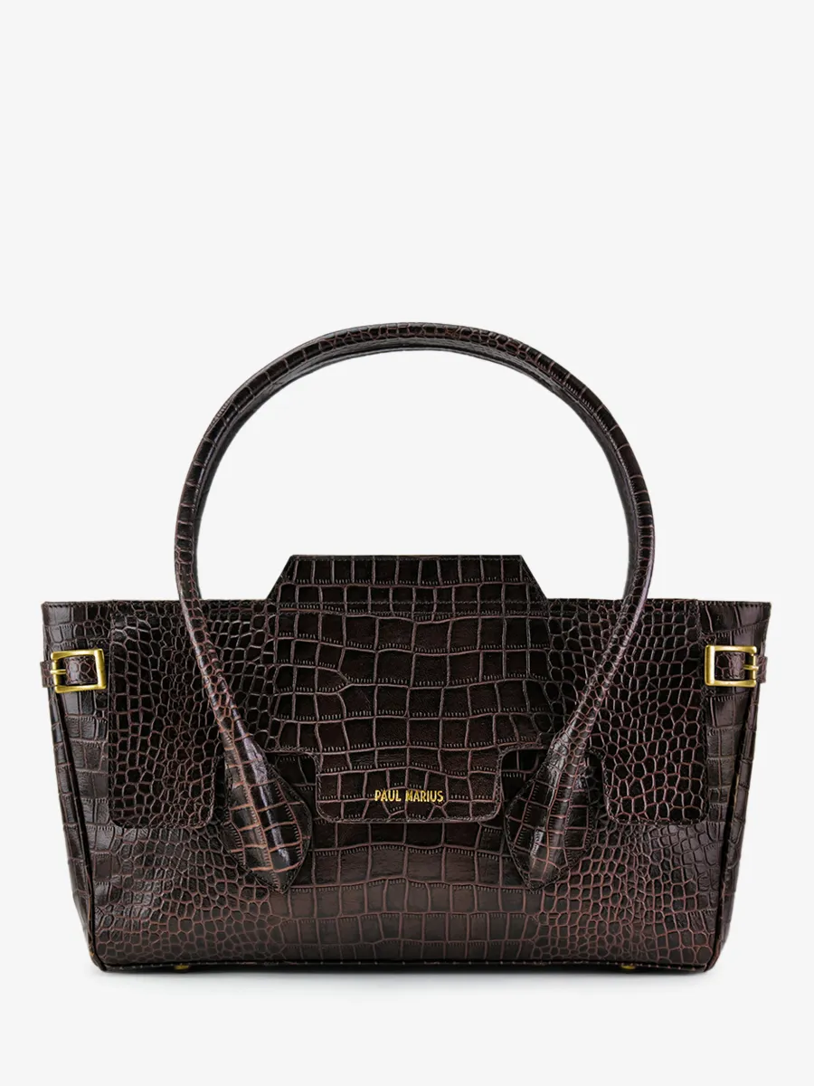 Dark Brown Leather Shoulder Bag for Women - Madeleine Alligator Tiger's Eye | PAUL MARIUS