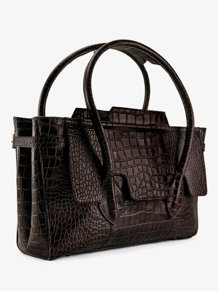 Dark Brown Leather Shoulder Bag for Women - Madeleine Alligator Tiger's Eye | PAUL MARIUS