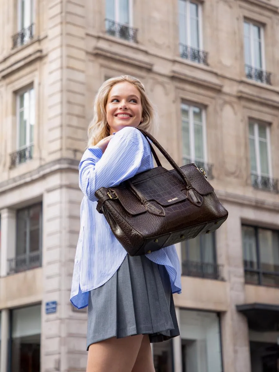 Dark Brown Leather Shoulder Bag for Women - Madeleine Alligator Tiger's Eye | PAUL MARIUS