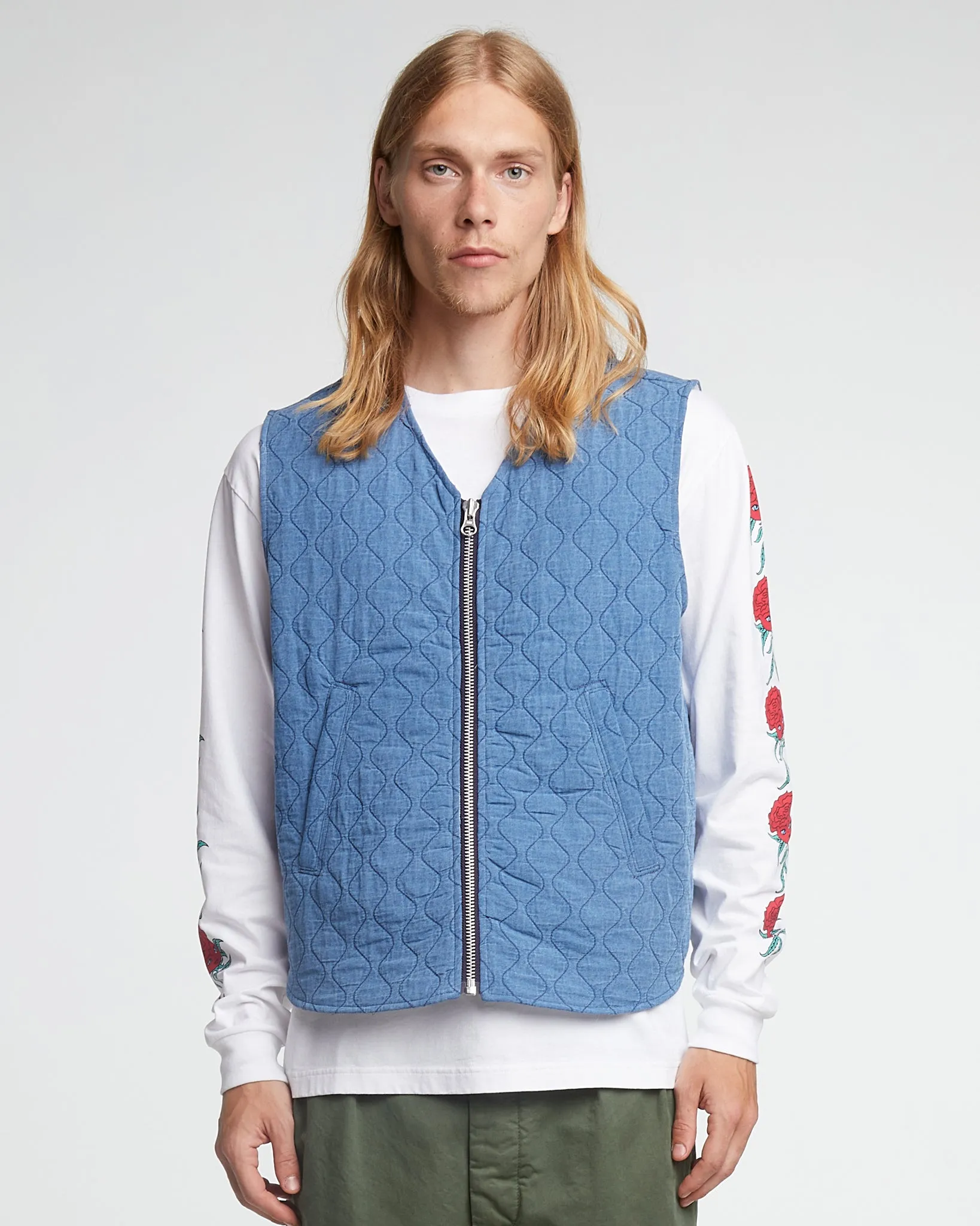 Deck Vest Padded Denim Bleach Blue