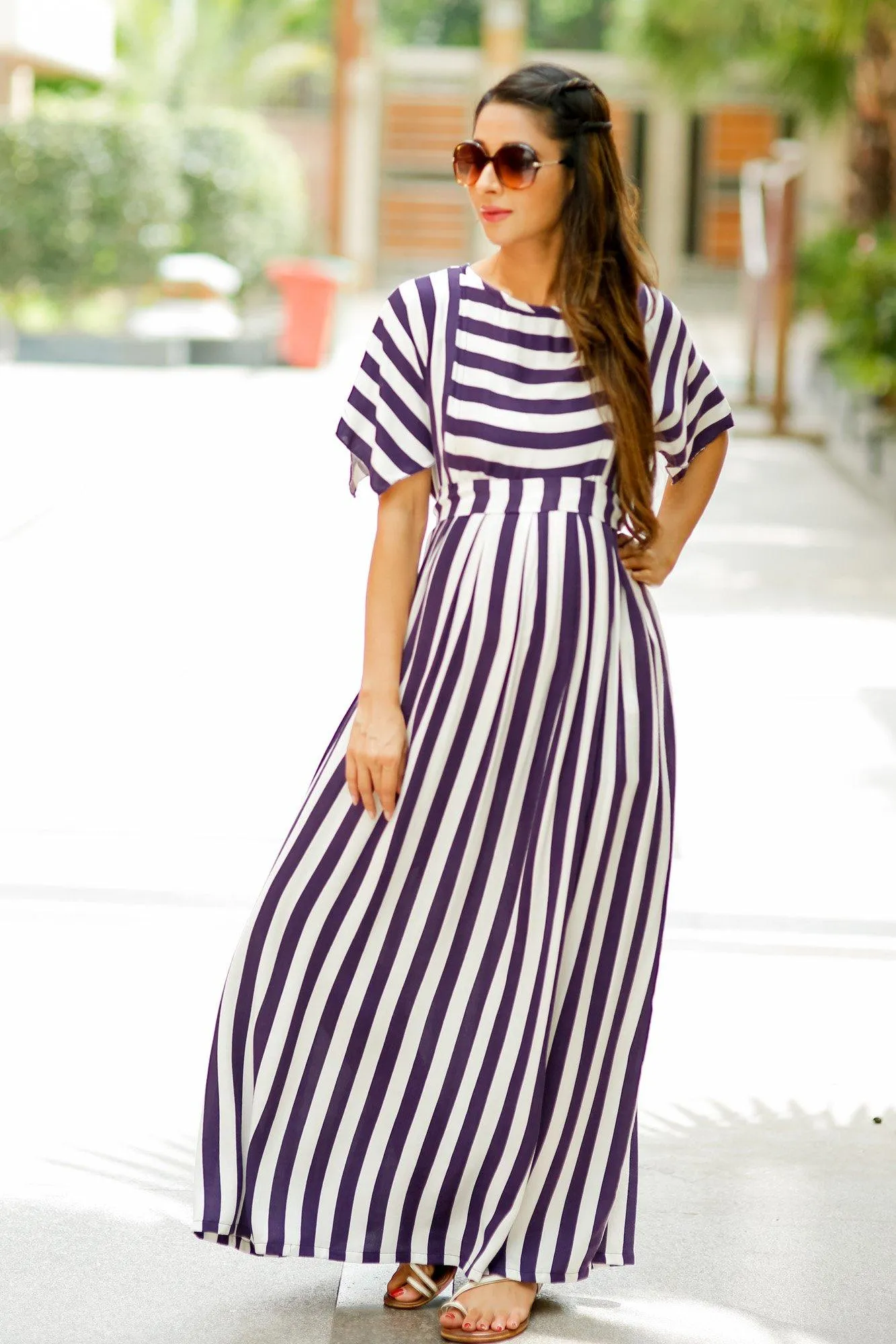 Deep Purple Stripe Maternity & Nursing Maxi