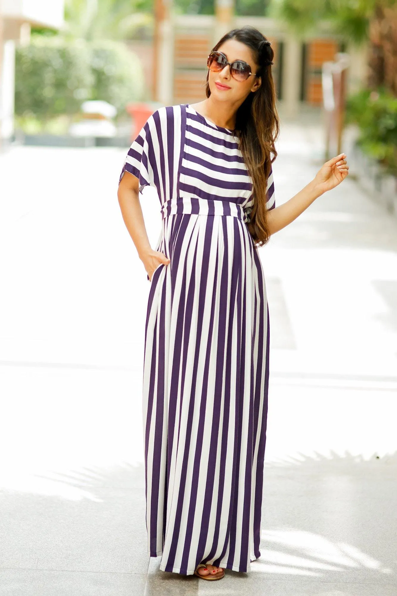 Deep Purple Stripe Maternity & Nursing Maxi